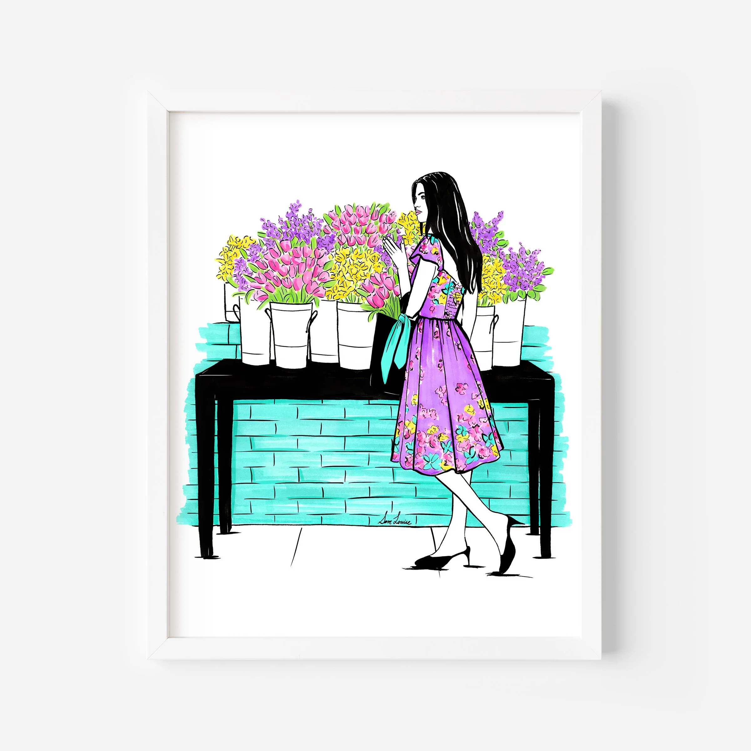 Spring fashion illustration art print with a girl in a purple dress next to colorful flowers and a turquoise wall.