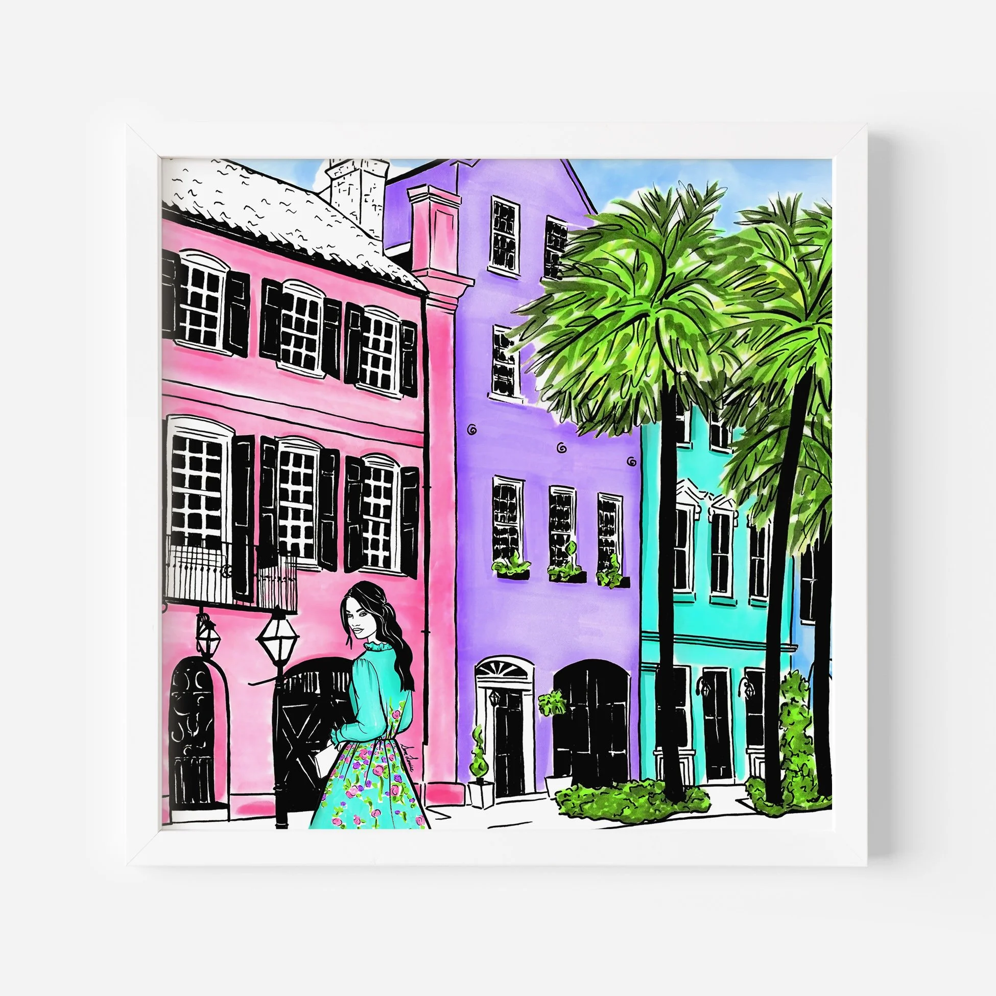 Art print of Rainbow Row in Charleston, SC, with colorful buildings, palm trees, and fashion illustration by Sam Louise.