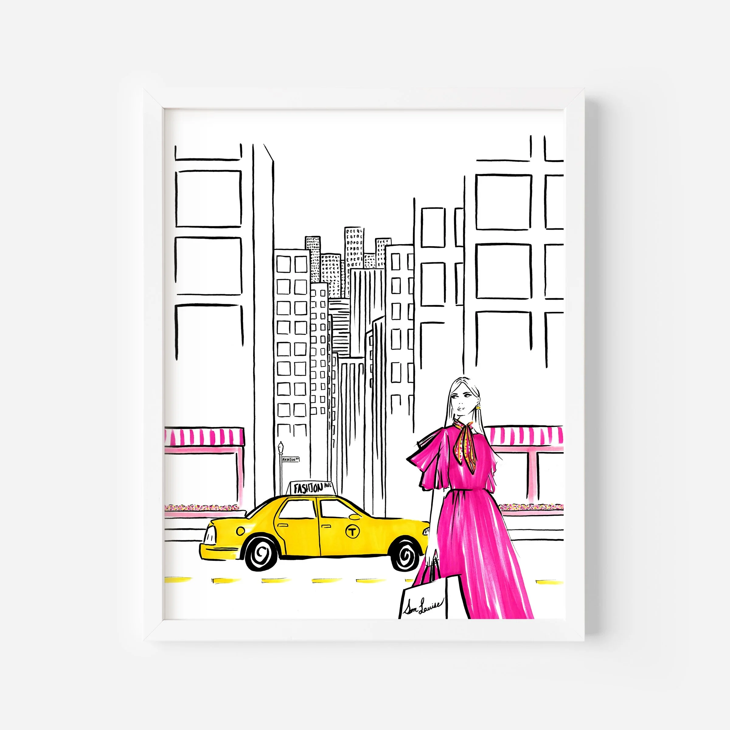 New York fashion print by Sam Louise, featuring black and white buildings, yellow taxi, and girl in pink dress.