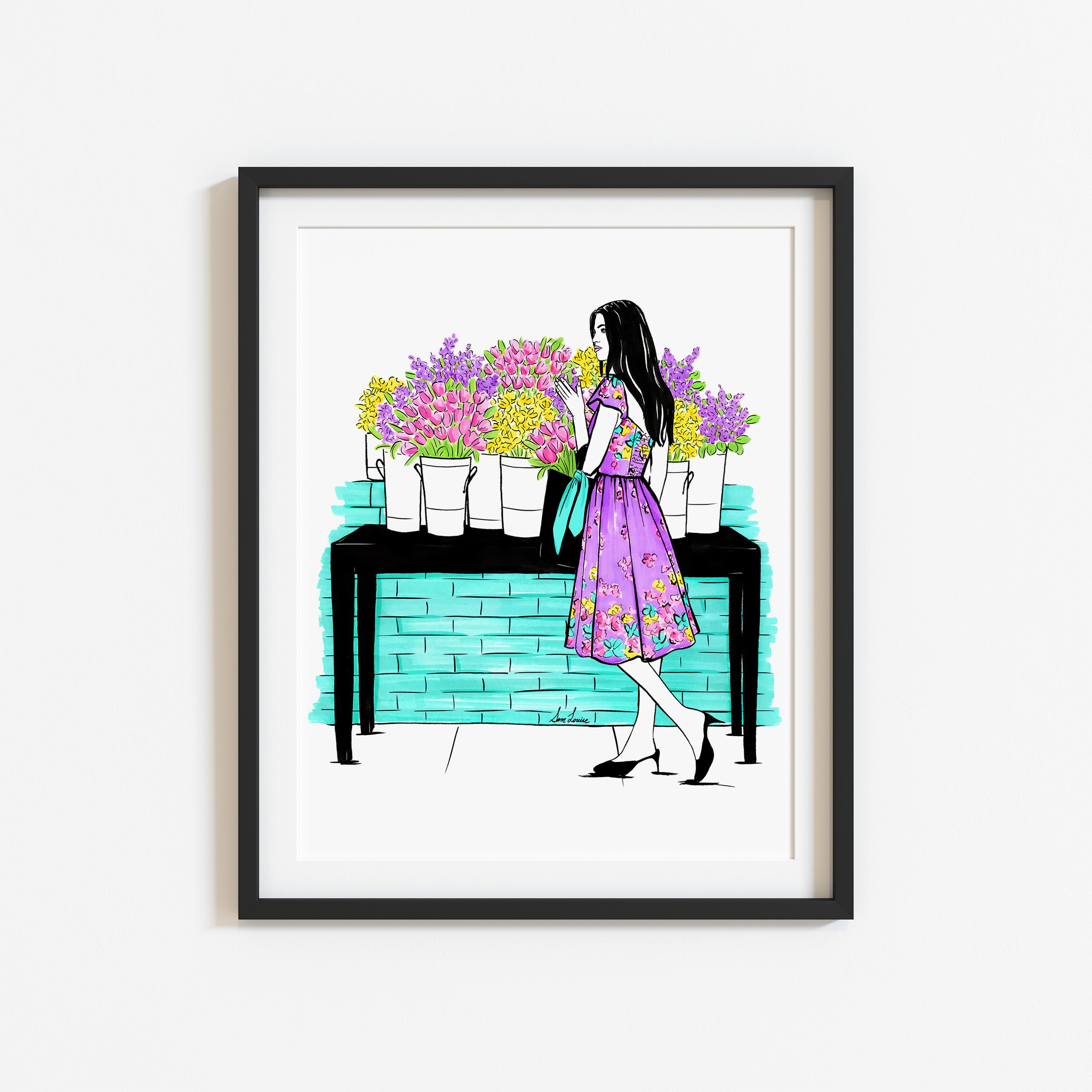 Spring fashion illustration print by Sam Louise, featuring a girl in front of vibrant flowers and a turquoise wall.