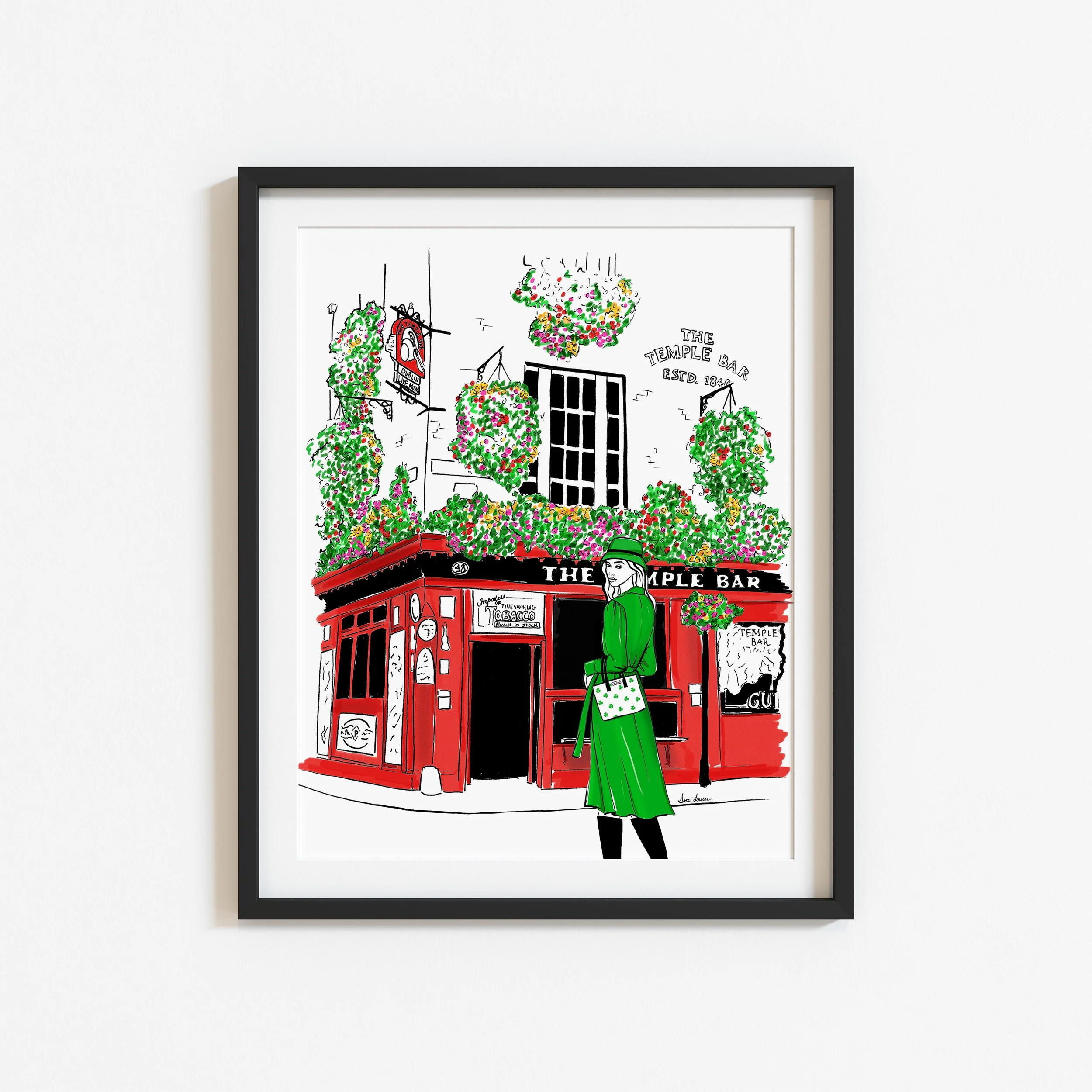 Dublin art print by Sam Louise, featuring The Temple Bar and green fashion sketch.