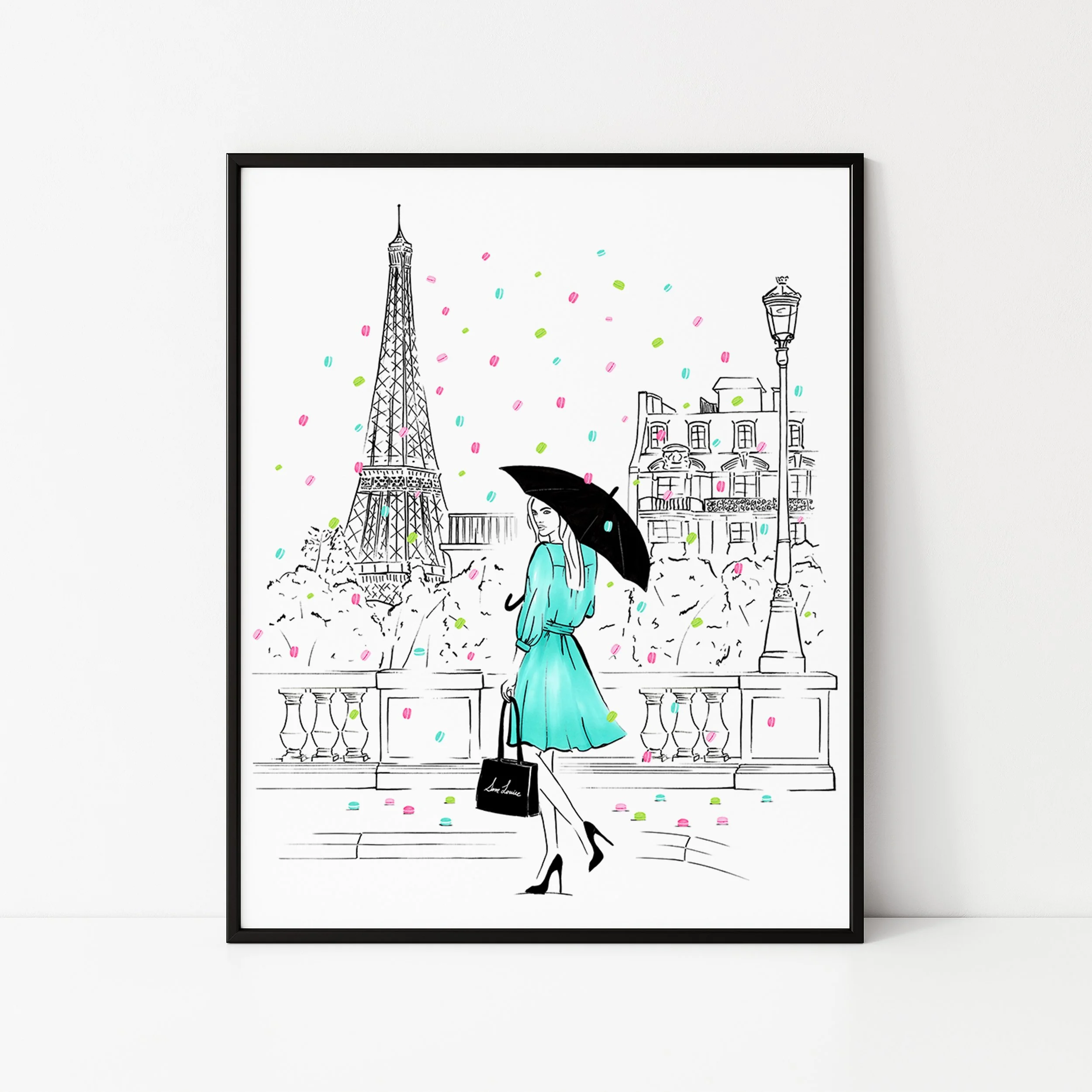 Paris fashion illustration with macarons raining from the sky by Sam Louise.