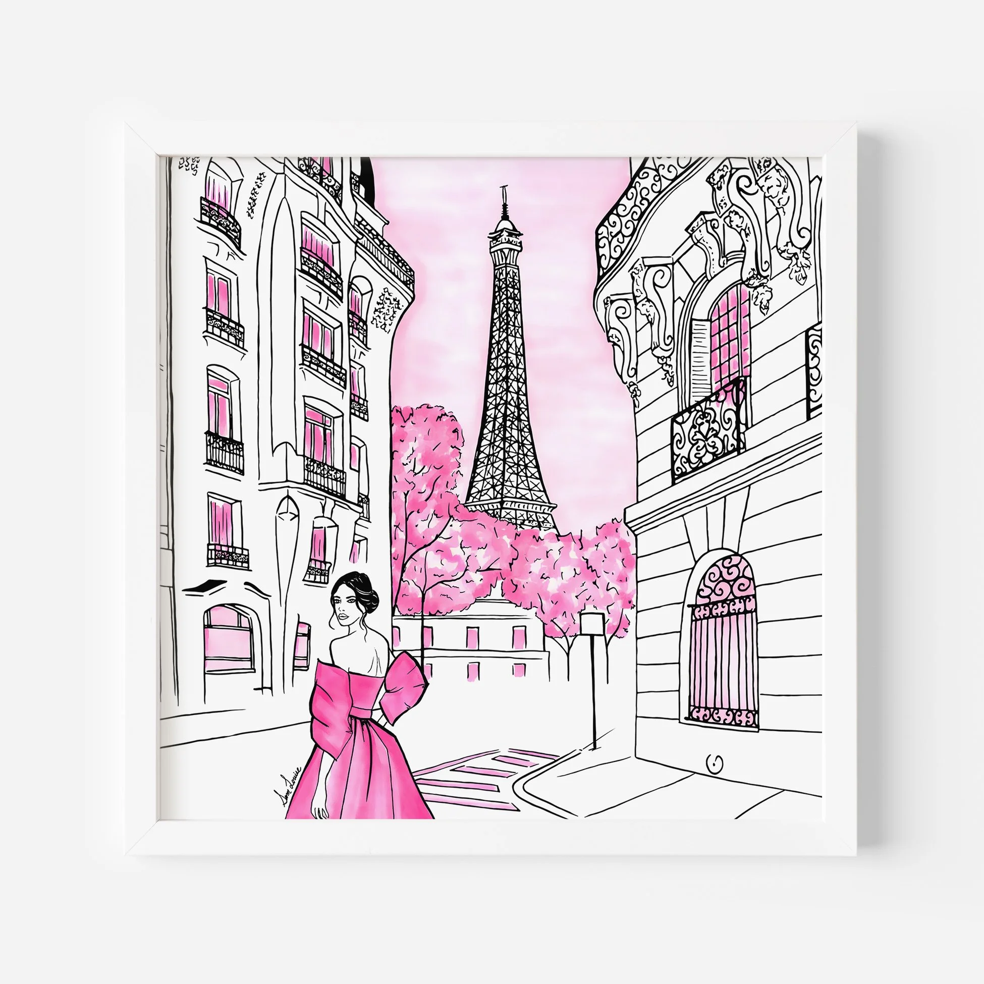 Pink Paris fine art print by Sam Louise, featuring the Eiffel Tower and pink fashion illustration.