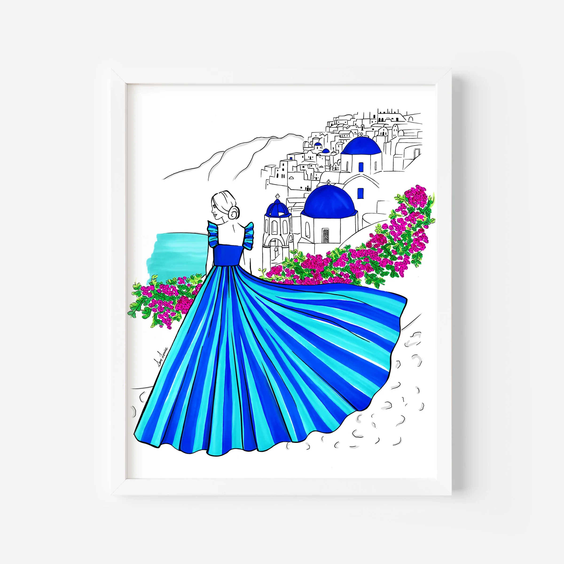 Santorini fashion illustration by Sam Louise as a giclée print.