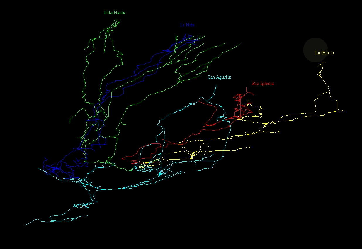 The complex system of 75 kilometers of cave passages in Sistema Huautla. Only the main entrances are labeled. All streams flow into sump 9, the furthest left/bottom part of this plot.