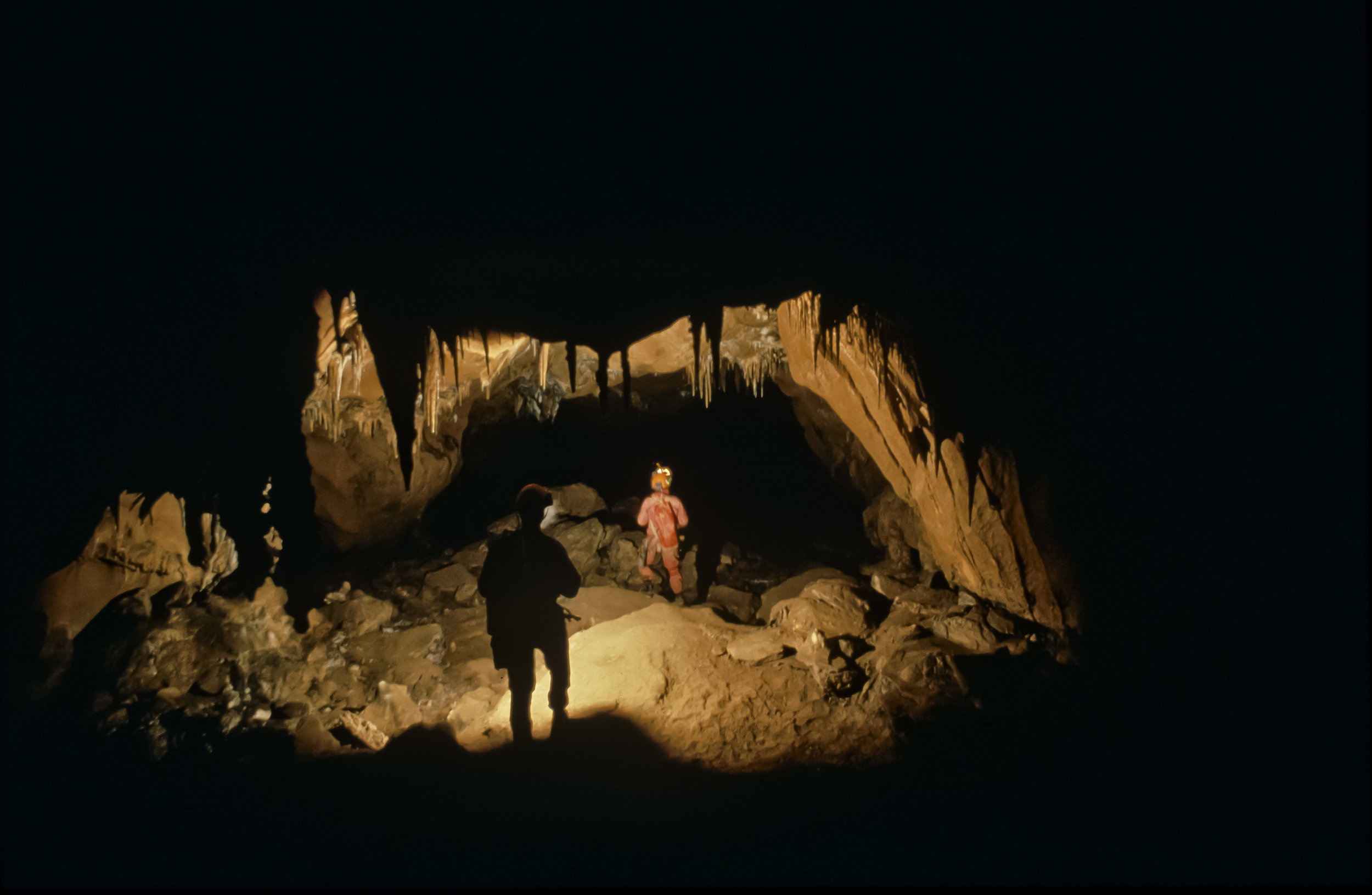  Beyond the second constriction the Fool's Day Extension opens up into comfortable walking passage sporting some of the few formations in the upper portion of San Agustin. Photo by U. S. Deep Caving Team/Wes Skiles. 