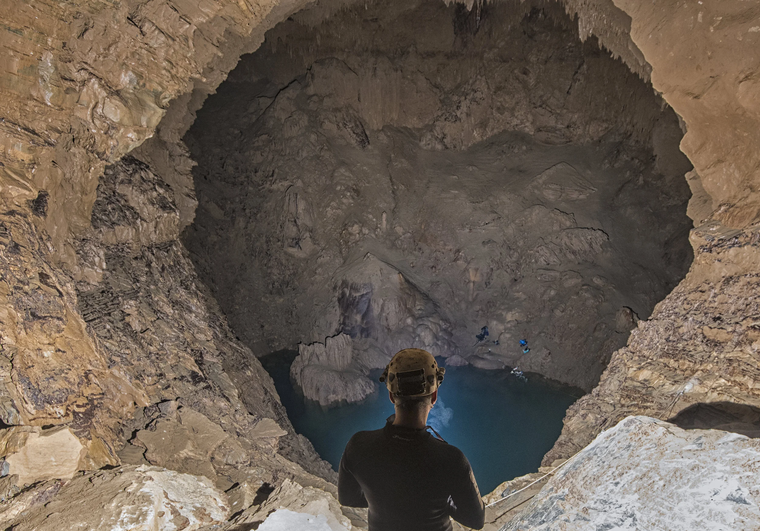 Looking down onto Sump 3. Note the flood mark on the opposite wall. Photo by Adam Haydock.