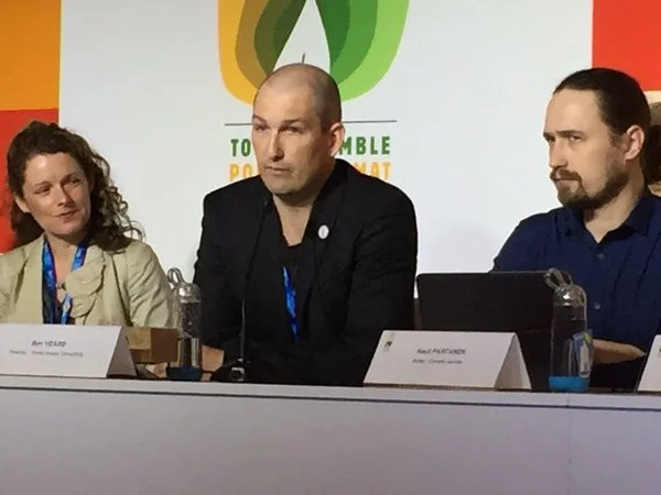 Ben Heard of Bright New World (centre) with Kirsty Gogan (leftt, Energy for Humanity) and Finnish ecomodernist author Rauli Partanen (right), at the Paris climte talks, 2015.