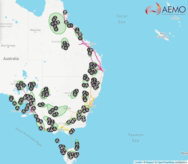 National Electricity Market (NEM) with Renewable Energy Zones (REZ) from the Integrated System Plan
