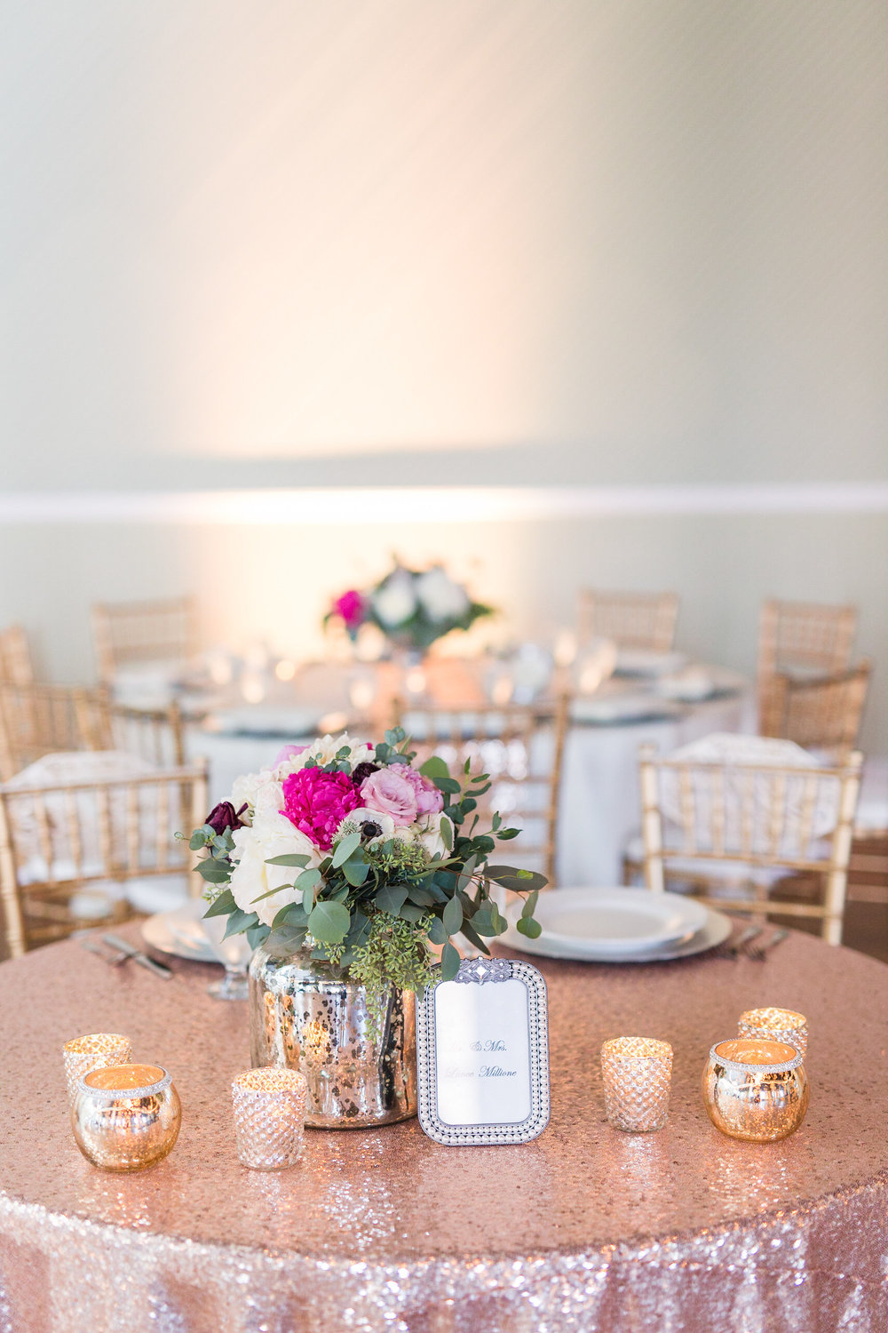 Love Is In The Air Design: Our sequin gold table linens paired with small gold votives