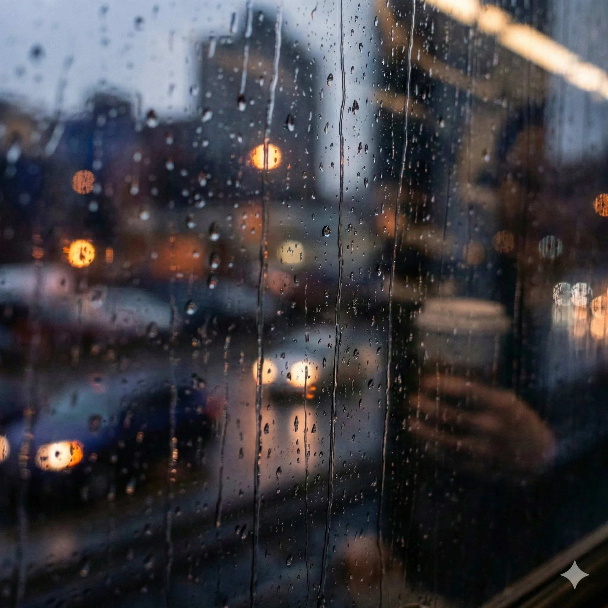 Abstract rain on train window at night - Woking to London Waterloo deep focus commuter playlist and electronic downtempo music guide by Here & Now Recordings.