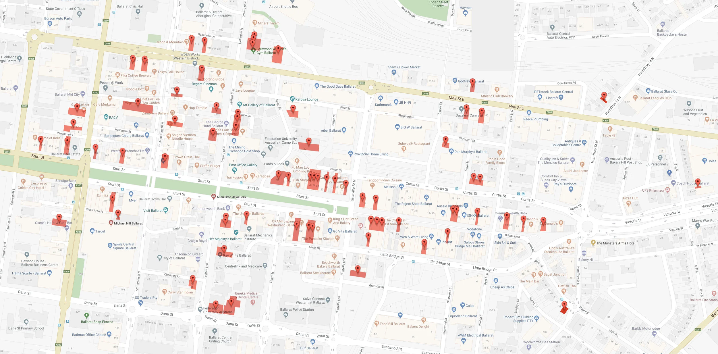 The locations in the Ballarat central business district carrying 'For Lease', 'For Sale' or are visibly derelict. This was a moment in time in February / March 2018, and does not take into account spaces which could not be seen from public land, such as office blocks.