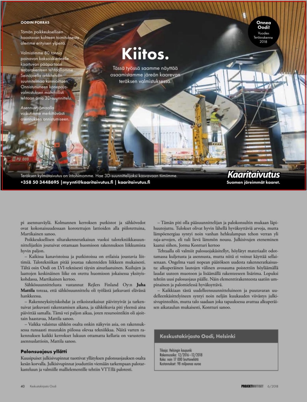 Lehti-ilmoituksemme Oodi-kirjastosta, Projektiuutiset nro 6/2018.