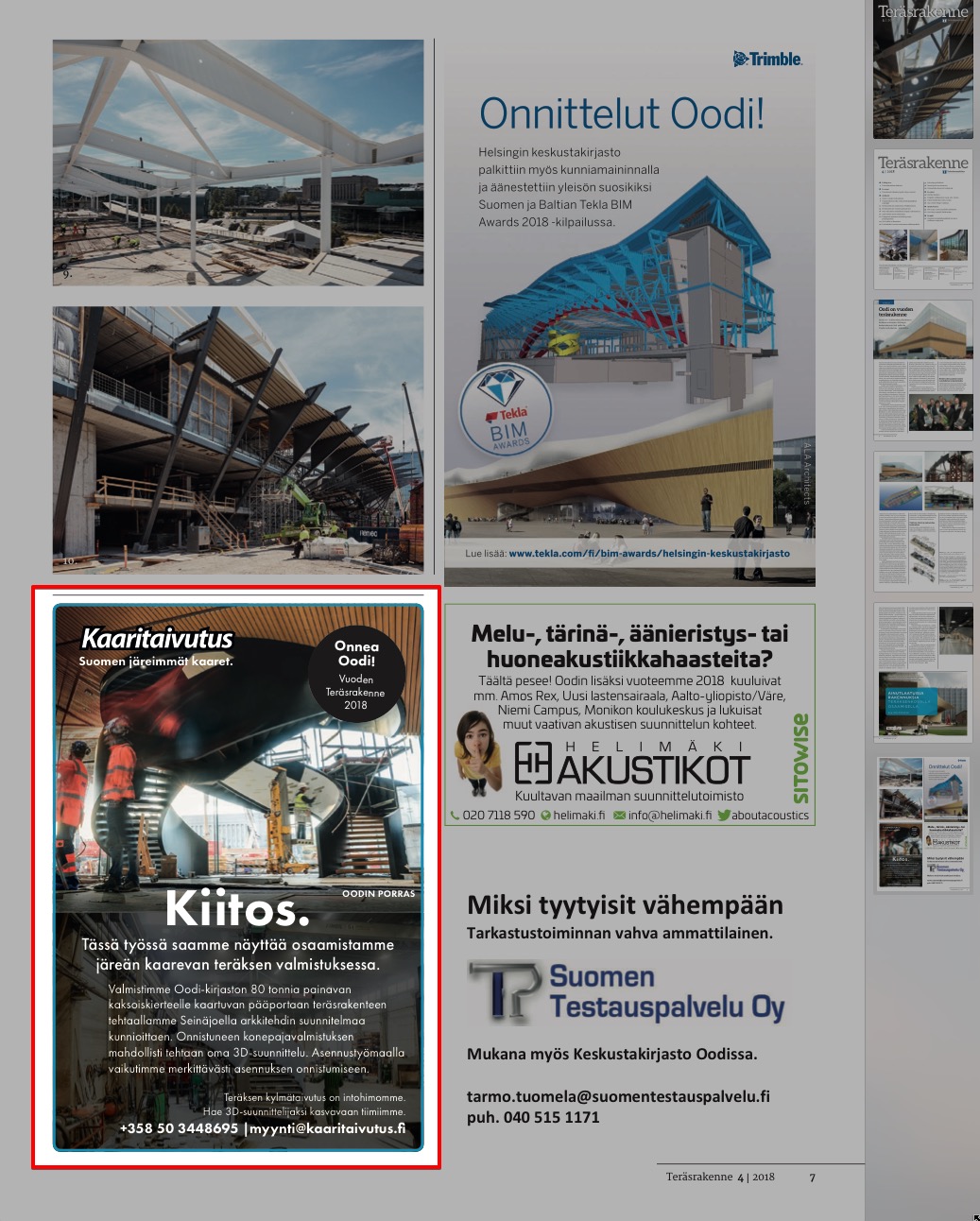 Lehti-ilmoituksemme Oodi-kirjastosta, Teräsrakenne-lehti nro 4/2018.