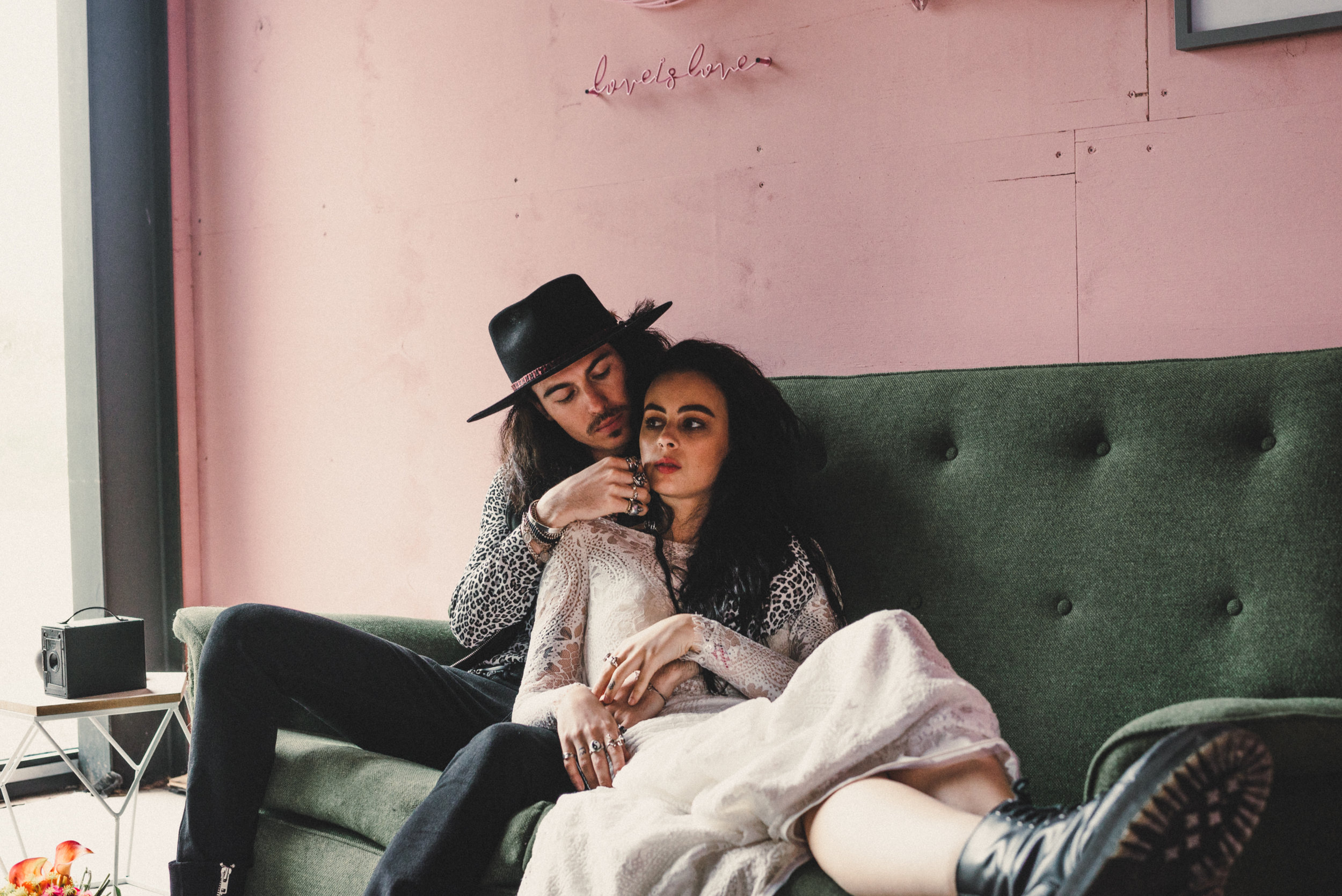 intimate couples picture of fashion bloggers on their wedding day in the giraffe shed wales