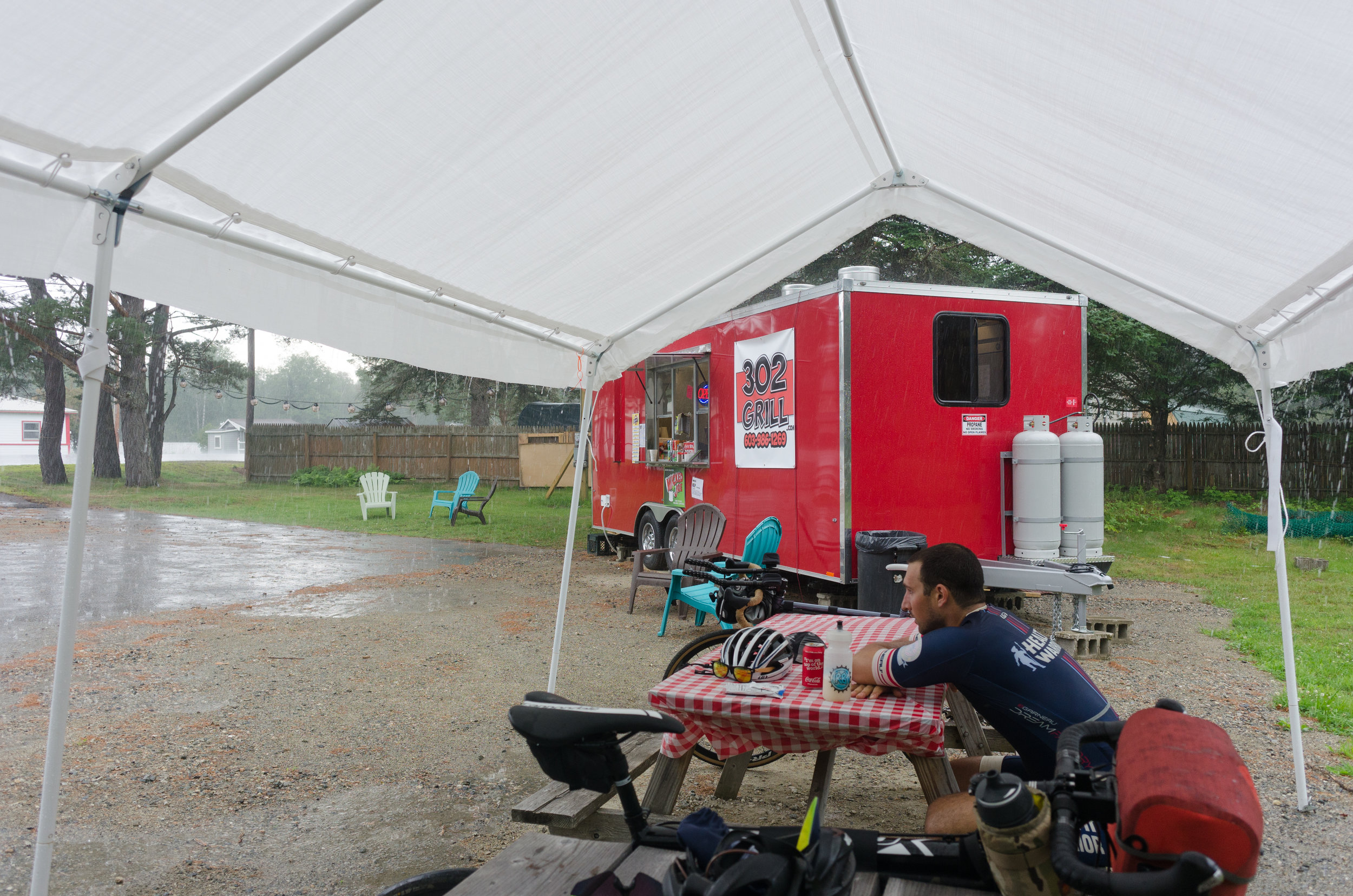  After a 97-mile day in the saddle with 5,000+ feet of climbing the rain that seemed to follow us our entire ride was nice enough to hold off until we pulled off into our motel for the evening. 