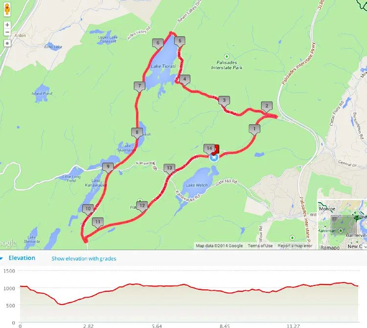 Bear Mountain Classic course map and elevation profile - the main sustained climb of the day is beautiful Tiorati Brook Road. 