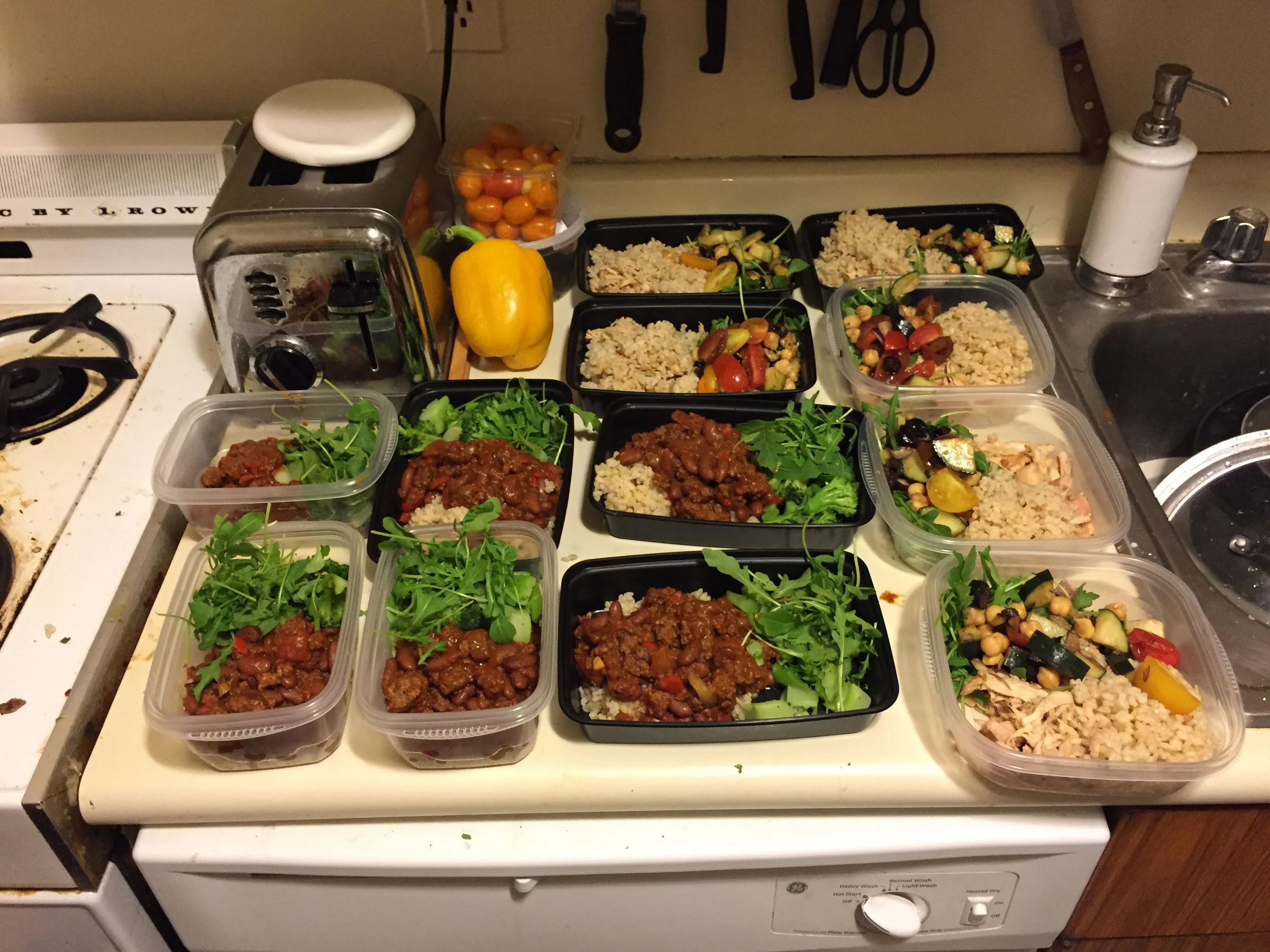 Portioning out meals (Used kitchen scale for the protein and eyeballed the grains/veggies)