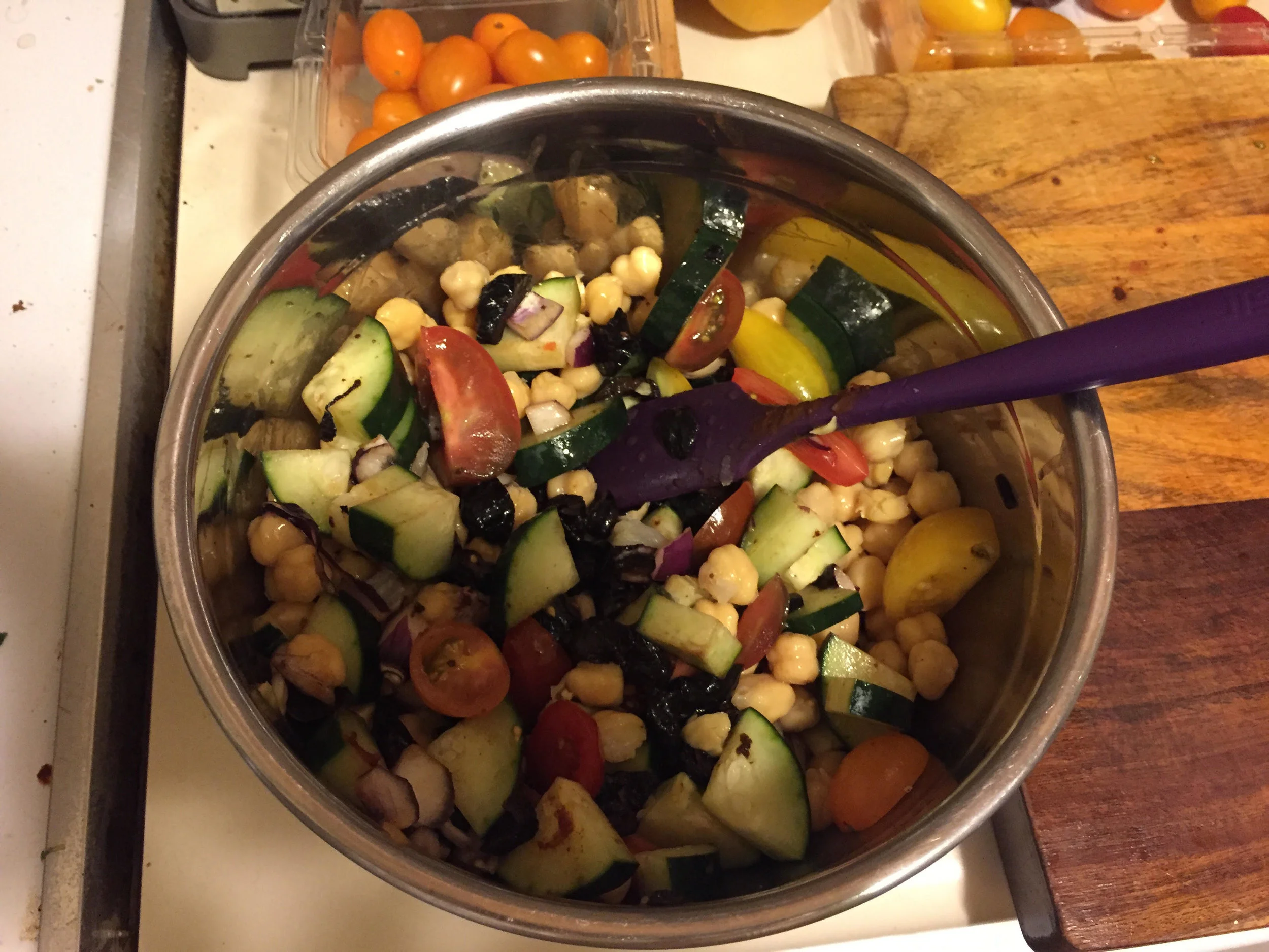 Greek salad with chicken and chickpeas (beans = more PROTEIN)