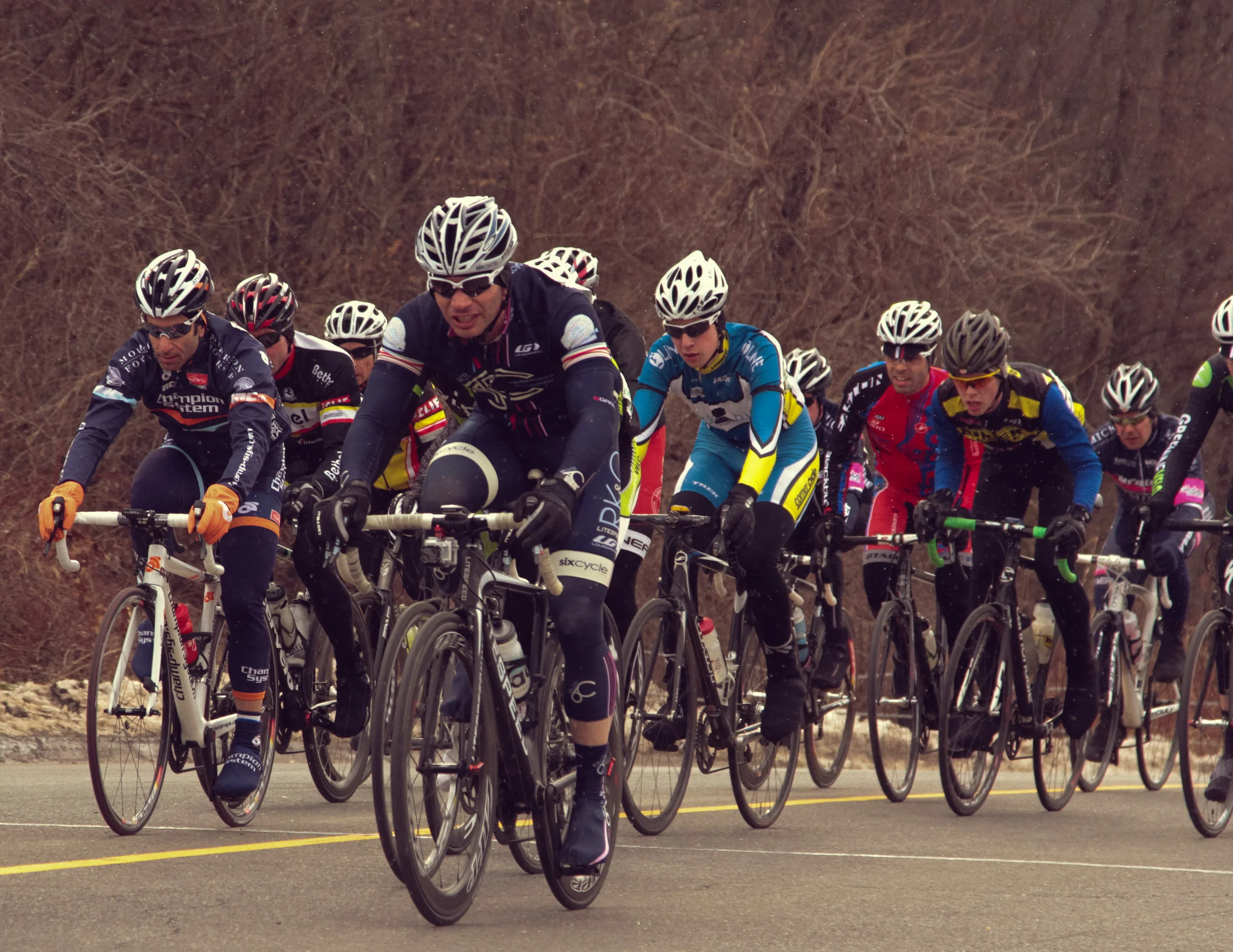 The loss of the Bethel Spring Series stings more than perhaps any other deceased race in the tri-state area. In our early years the team spent every spring Sunday racing that famous loop, with many riders doubling up across fields, followed by lunch at a local diner (ideally paid for out of race winnings). This photo dates to March 2013 when the team rode Litespeed bikes.