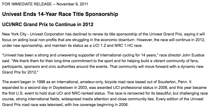Univest Grand Prix Press Release on November 9, 2011