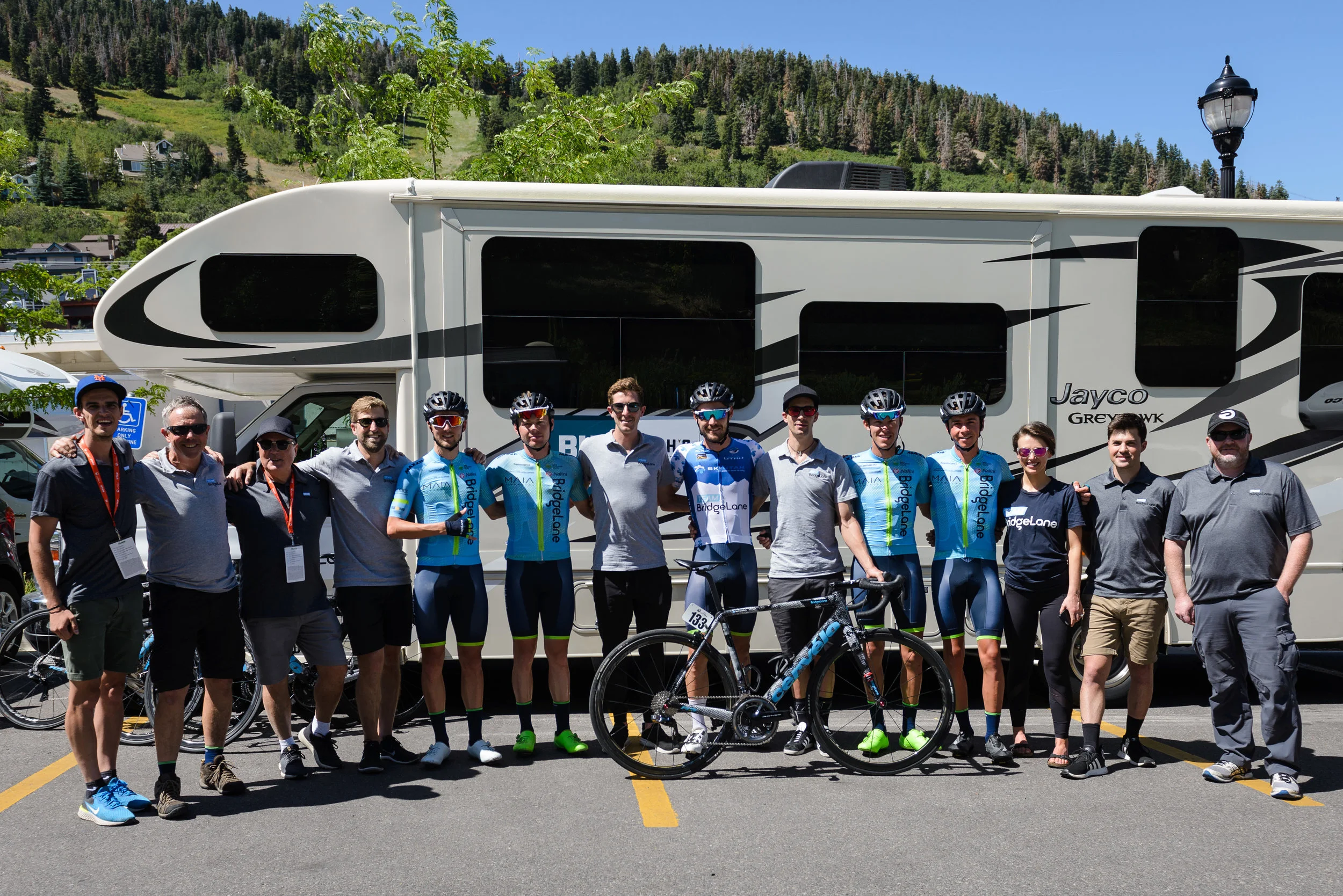 Full team Bridgelane; 7 riders, 2 managers/DS, 2 soigneurs, 1 mechanic, 1 team sponsor and me!