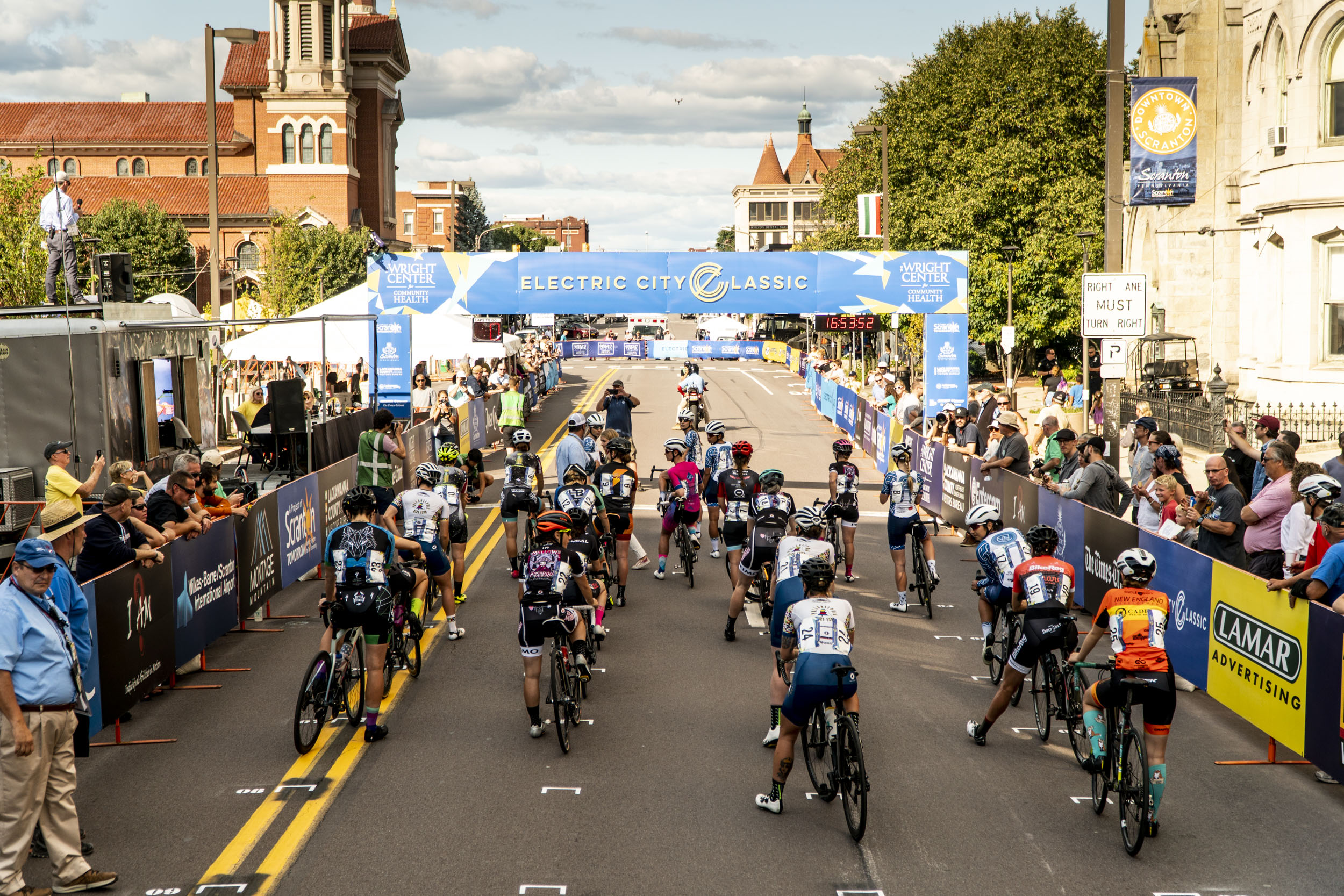  The Pro Women's starting grid organizing before the start of the Electric City Classic Criterium 