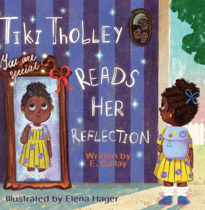 Book Cover for Tiki Tholley Reads Her Reflection image of brown skinned young girl with her hair pinned up smiling while looking in the mirror
