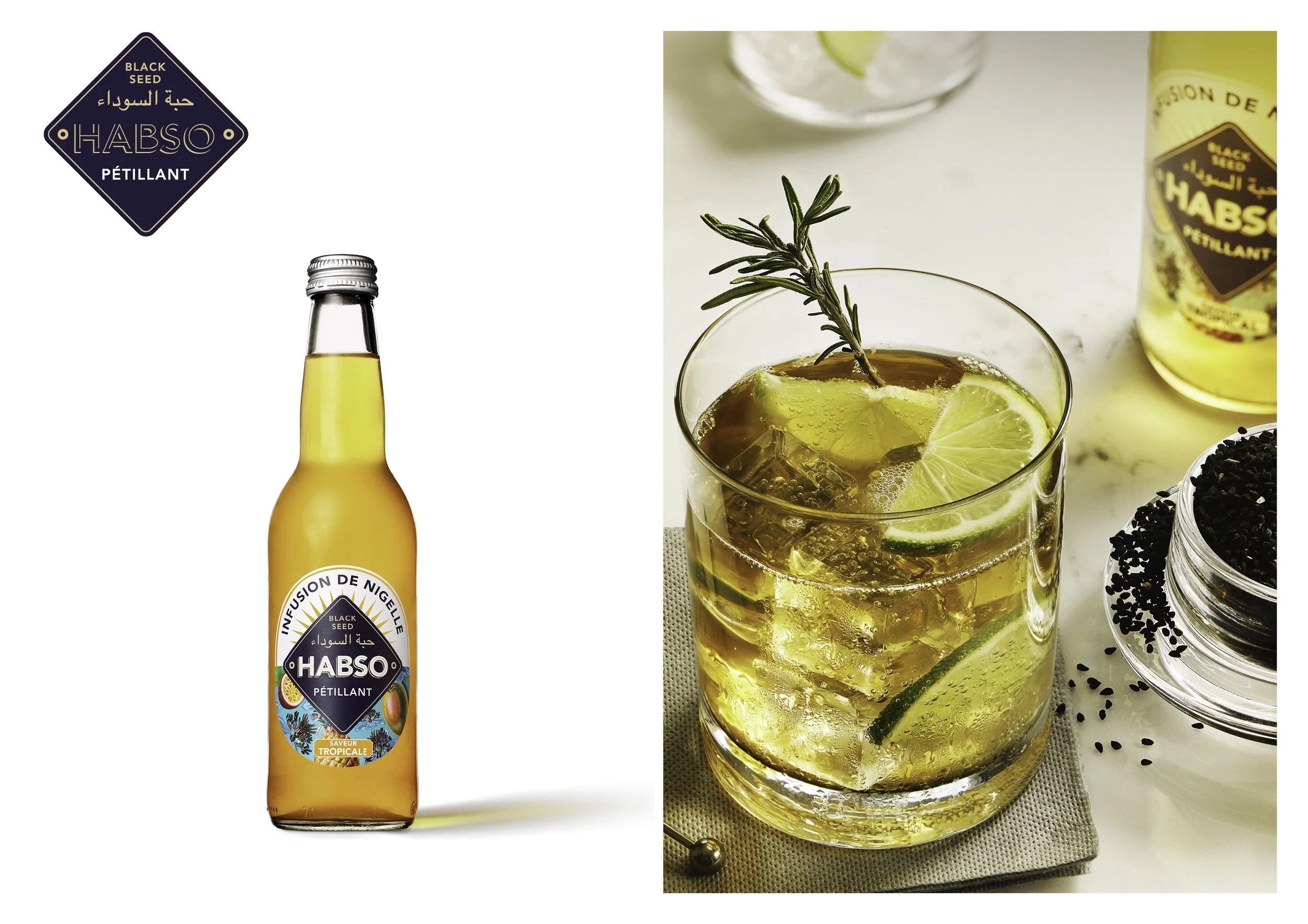 Habso Drinks logo et bouteille infusion de nigelle pétillante packshot studio — photographe boissons Paris Anaël Miantsoukina