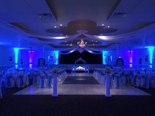 Enhance your banquet room with Uplighting and Monogram with your Names in Lights. Match your color scheme and add pop to the room. Impress your guests with visual impact.