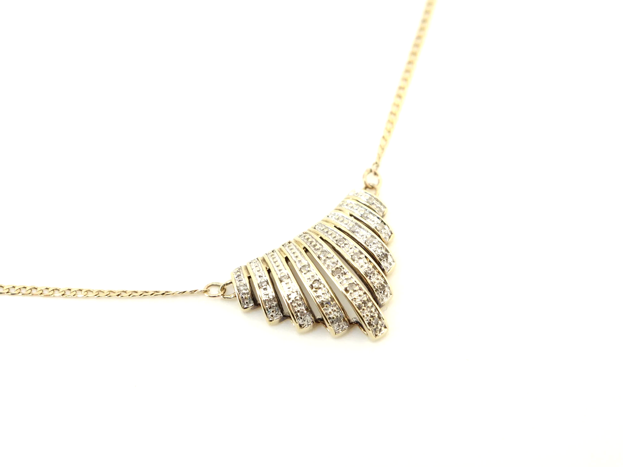 9ct gold diamond fan pendant necklace, graduated bar design