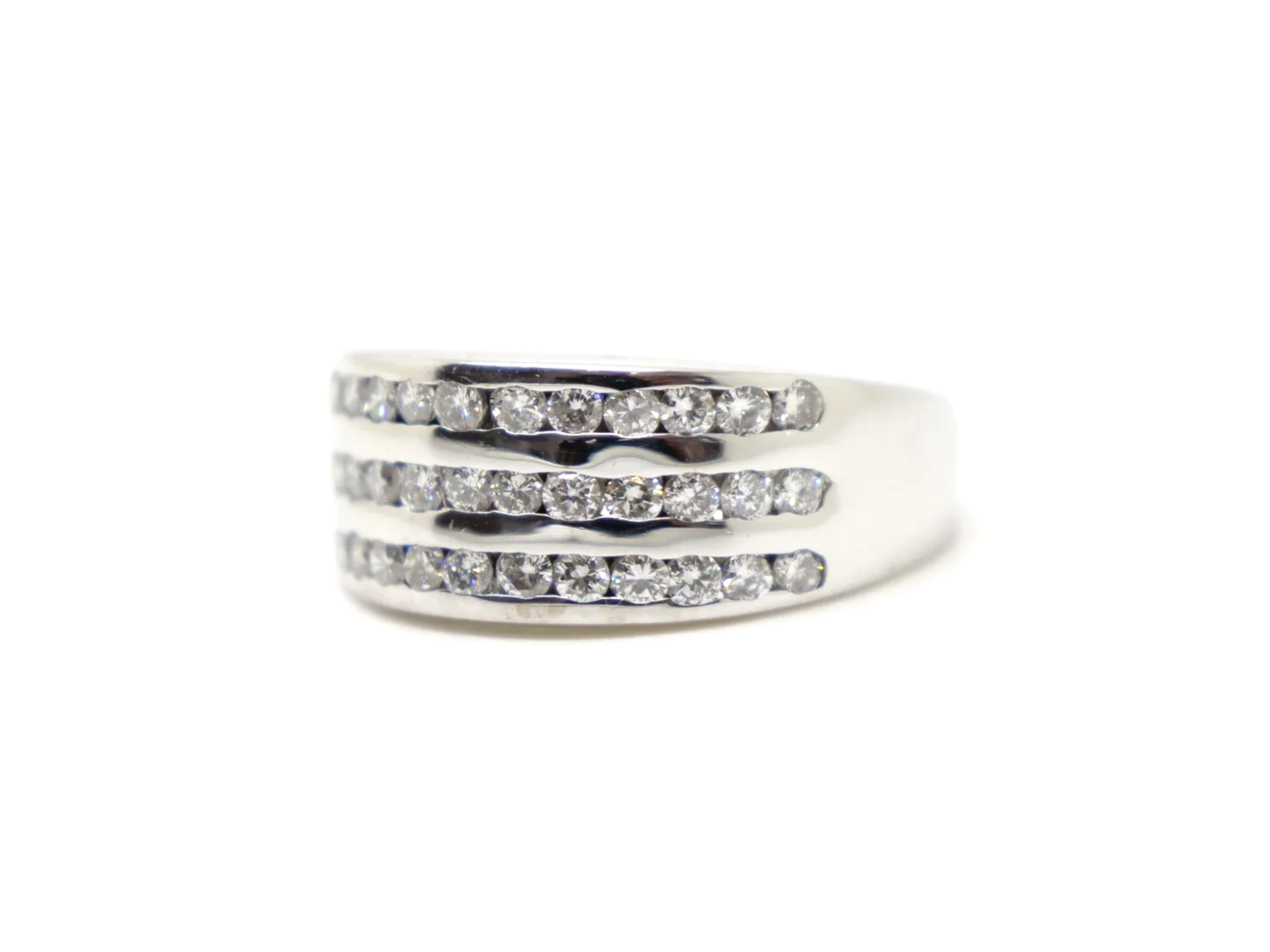 Lovely 18ct gold wide band half eternity ring, set with three rows of brilliant cut diamonds.