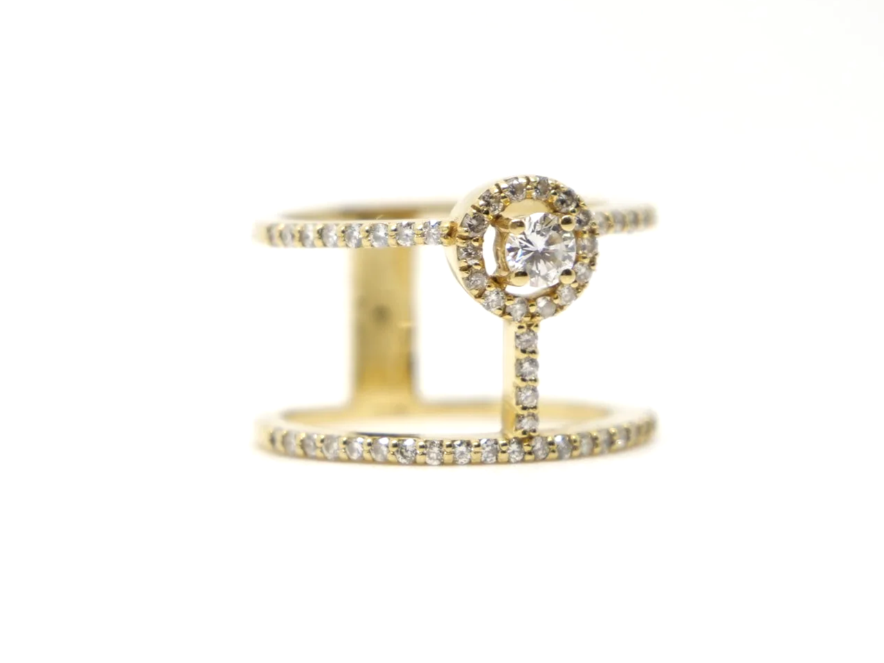 Contemporary 18ct gold T bar design double band diamond ring, set with a central brilliant cut halo diamond and with two diamond bands.