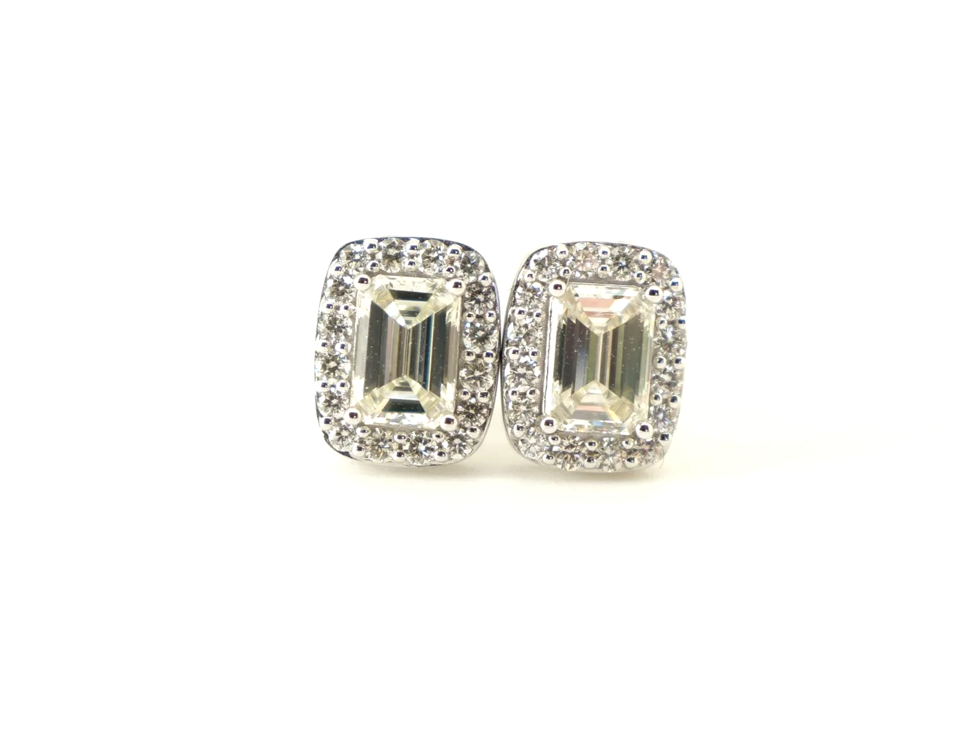 18ct white gold emerald cut diamond halo stud earrings