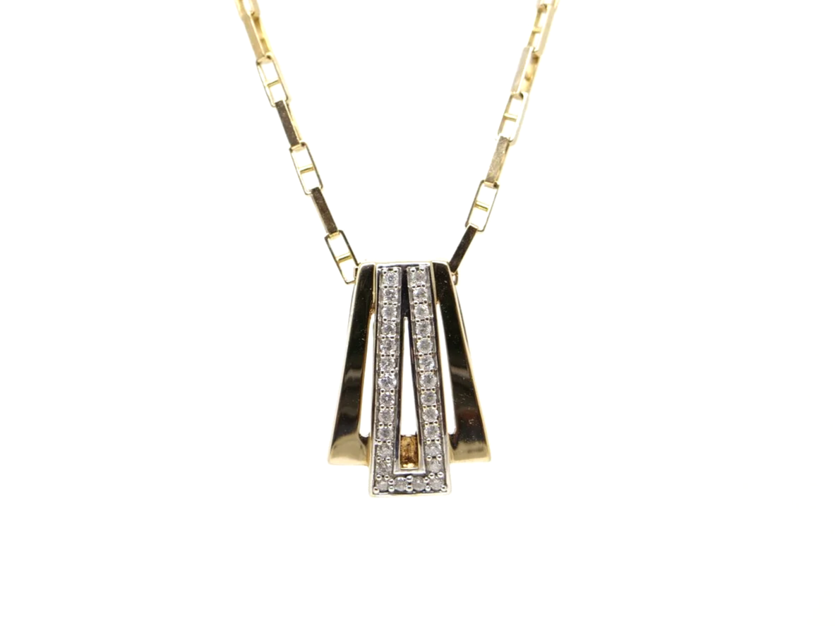 9ct gold diamond pendant necklace with a geometric Art Deco-style design, set with approximately 0.28ct of diamonds.