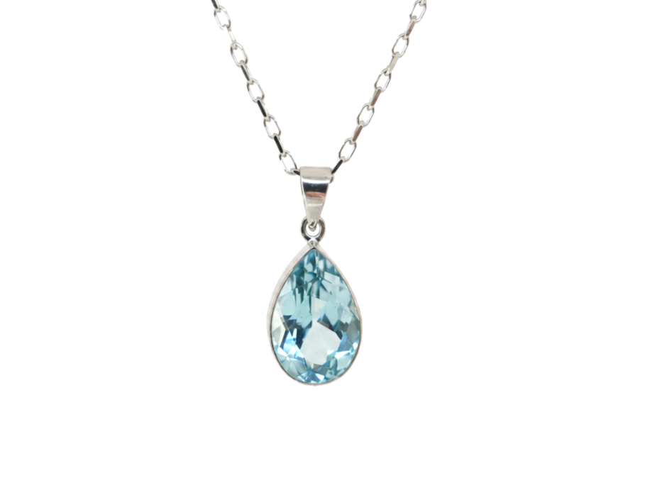 Blue Topaz Pear Shaped Pendant & Chain | 18ct Gold