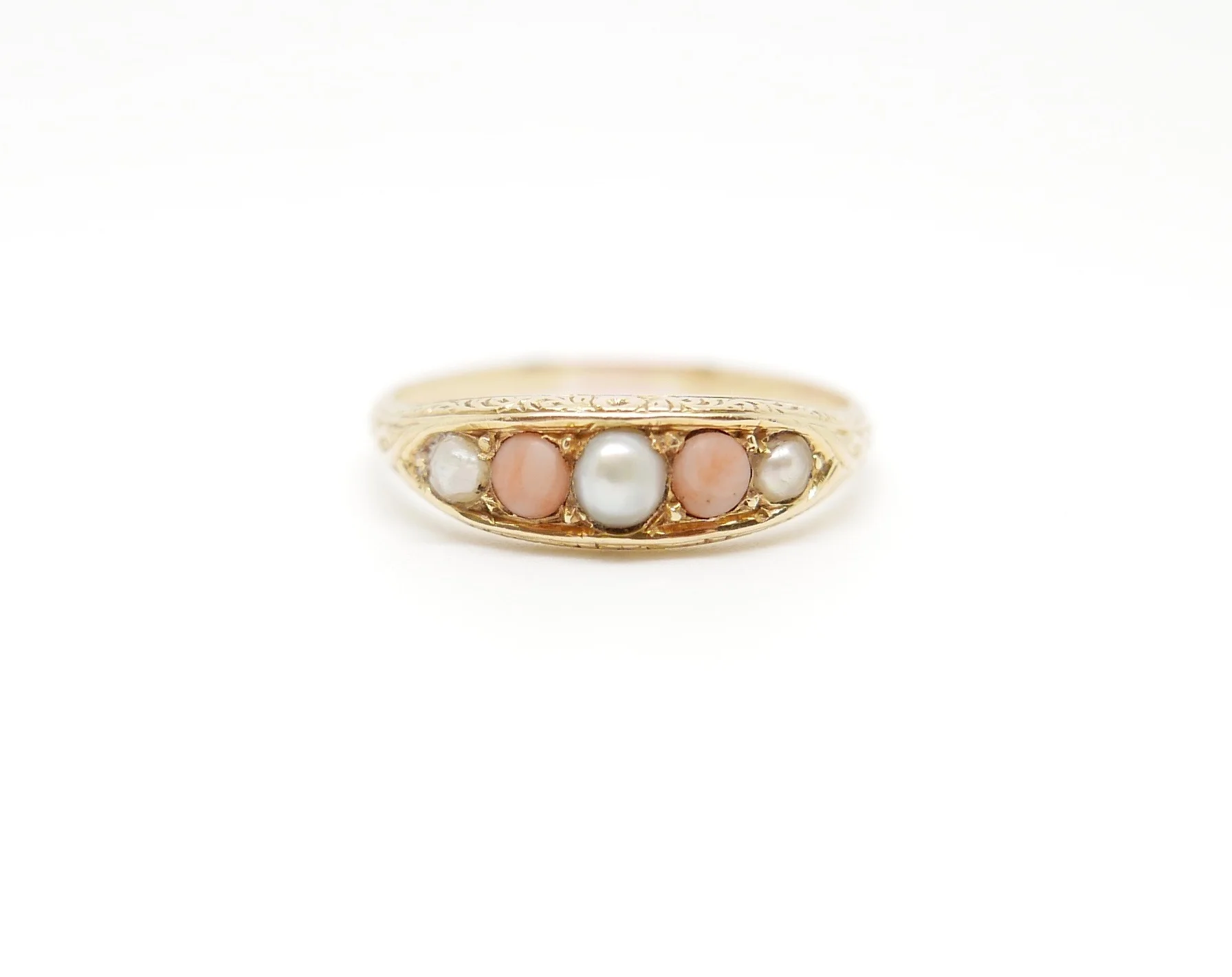 Victorian Pearl &amp; Coral Ring in 18ct Gold