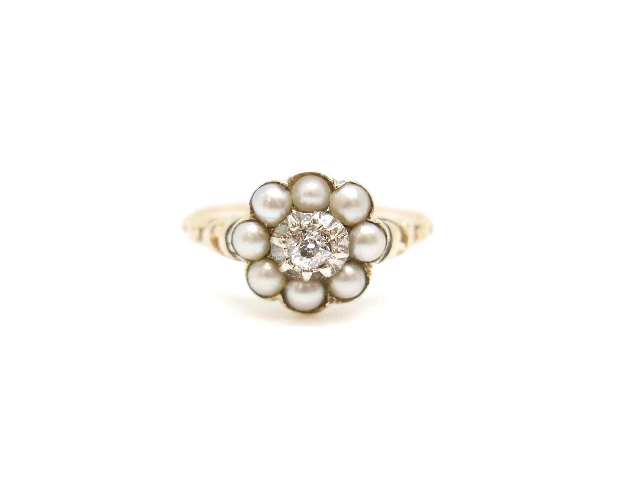 Victorian Seed Pearl and Diamond Ring in 18ct Gold