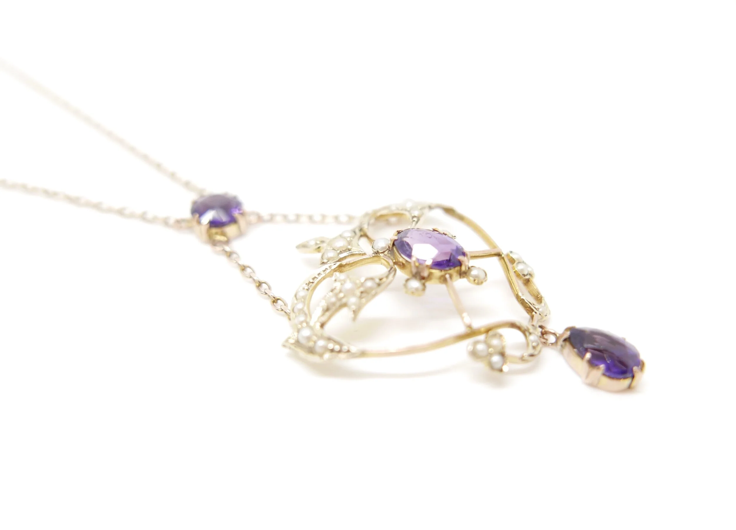 Antique Amethyst &amp; Seed Pearl Necklace in 9ct Gold