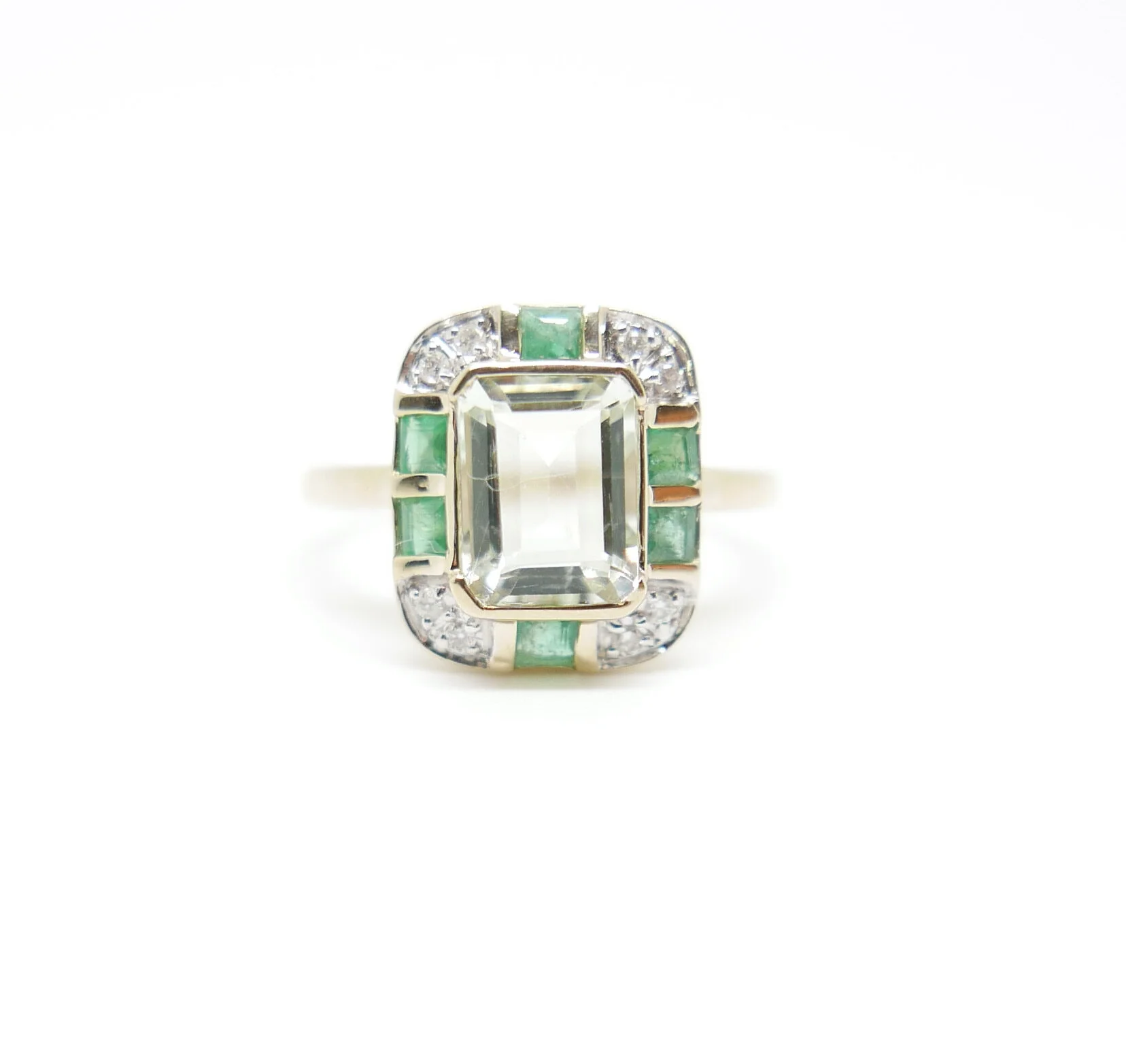 Aquamarine, Emerald and Diamond Ring in 9ct Gold