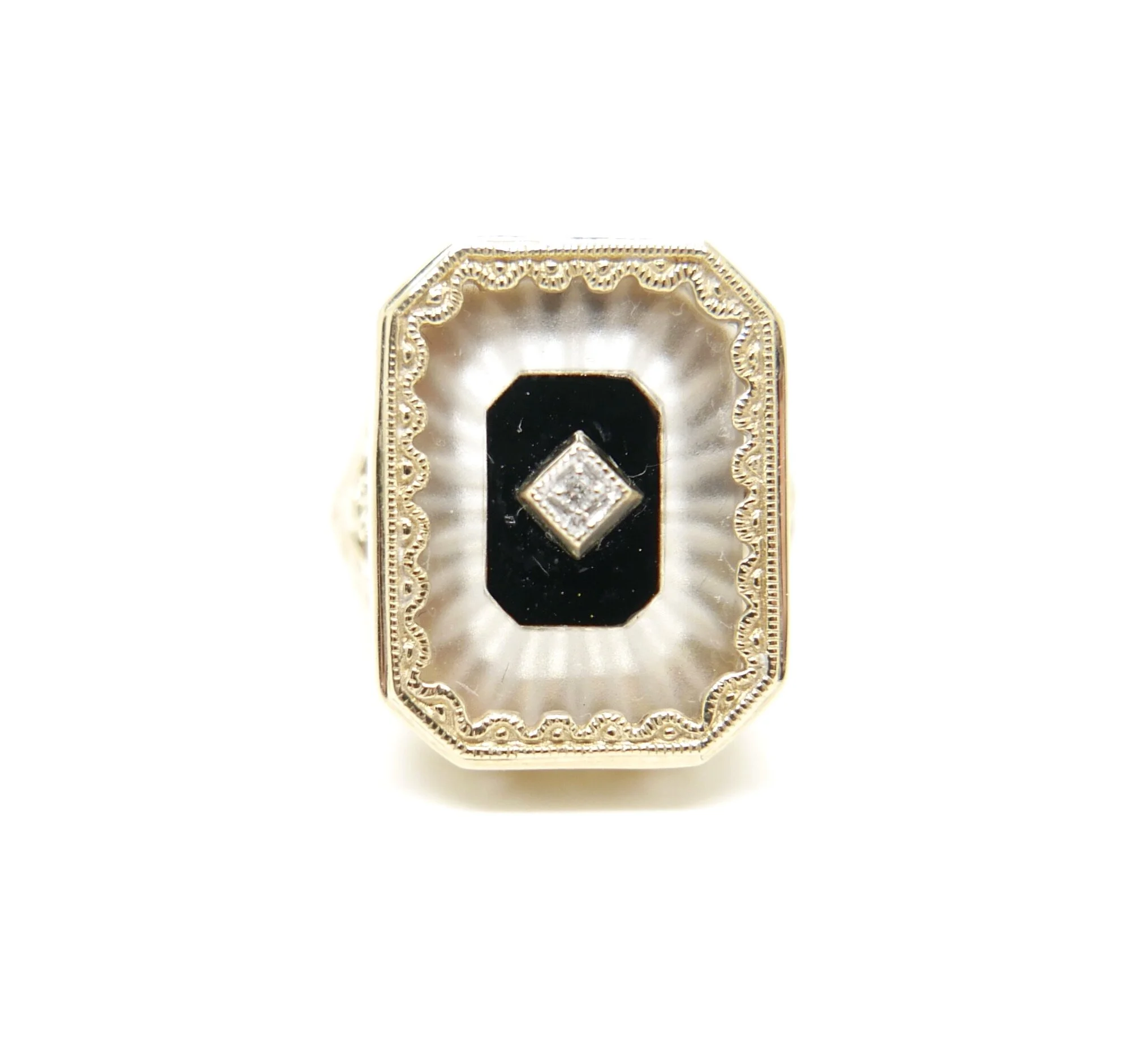 Carved Rock Crystal, Onyx and Diamond Ring