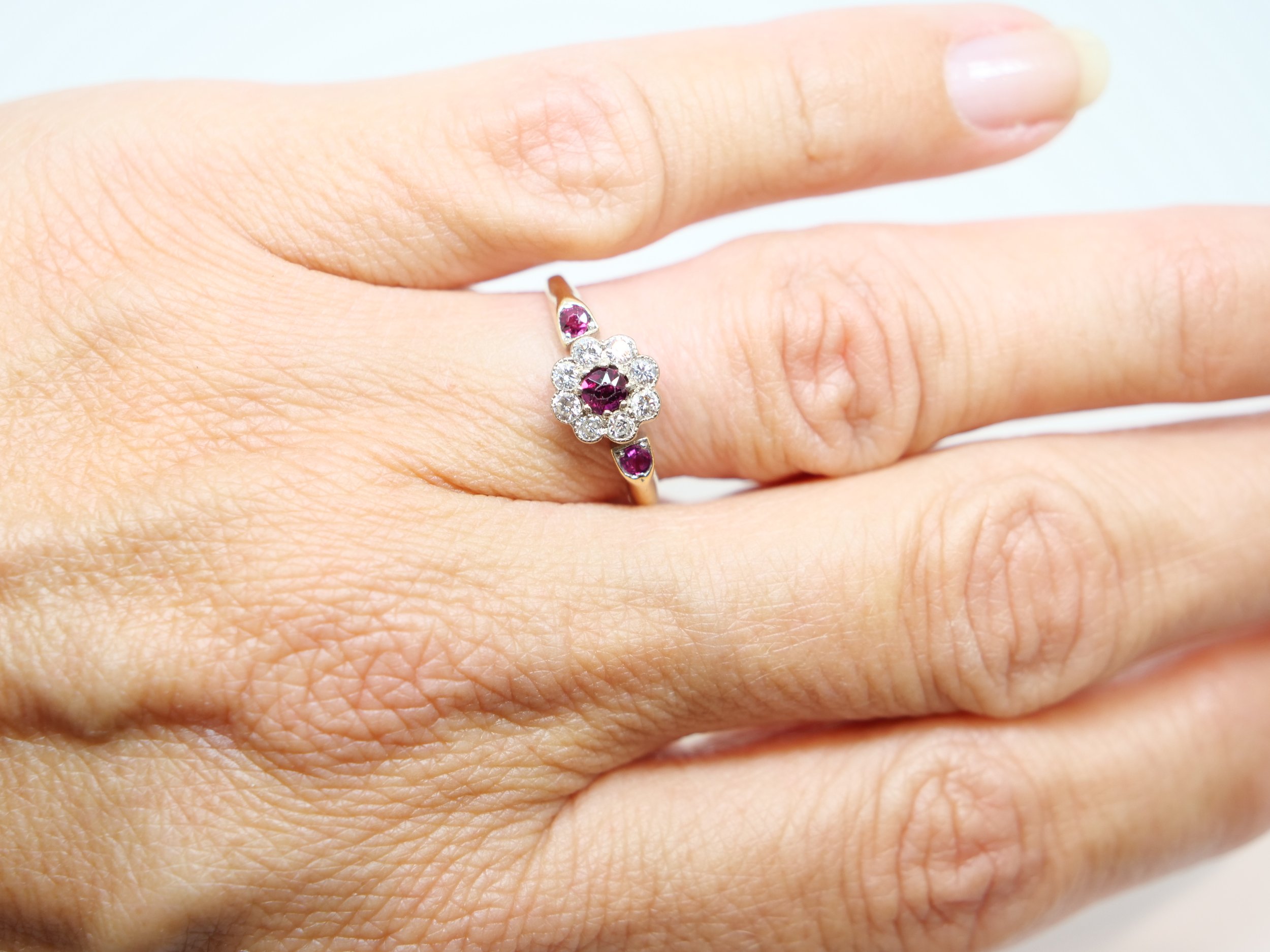 18ct gold ruby and diamond cluster ring, vintage 1978