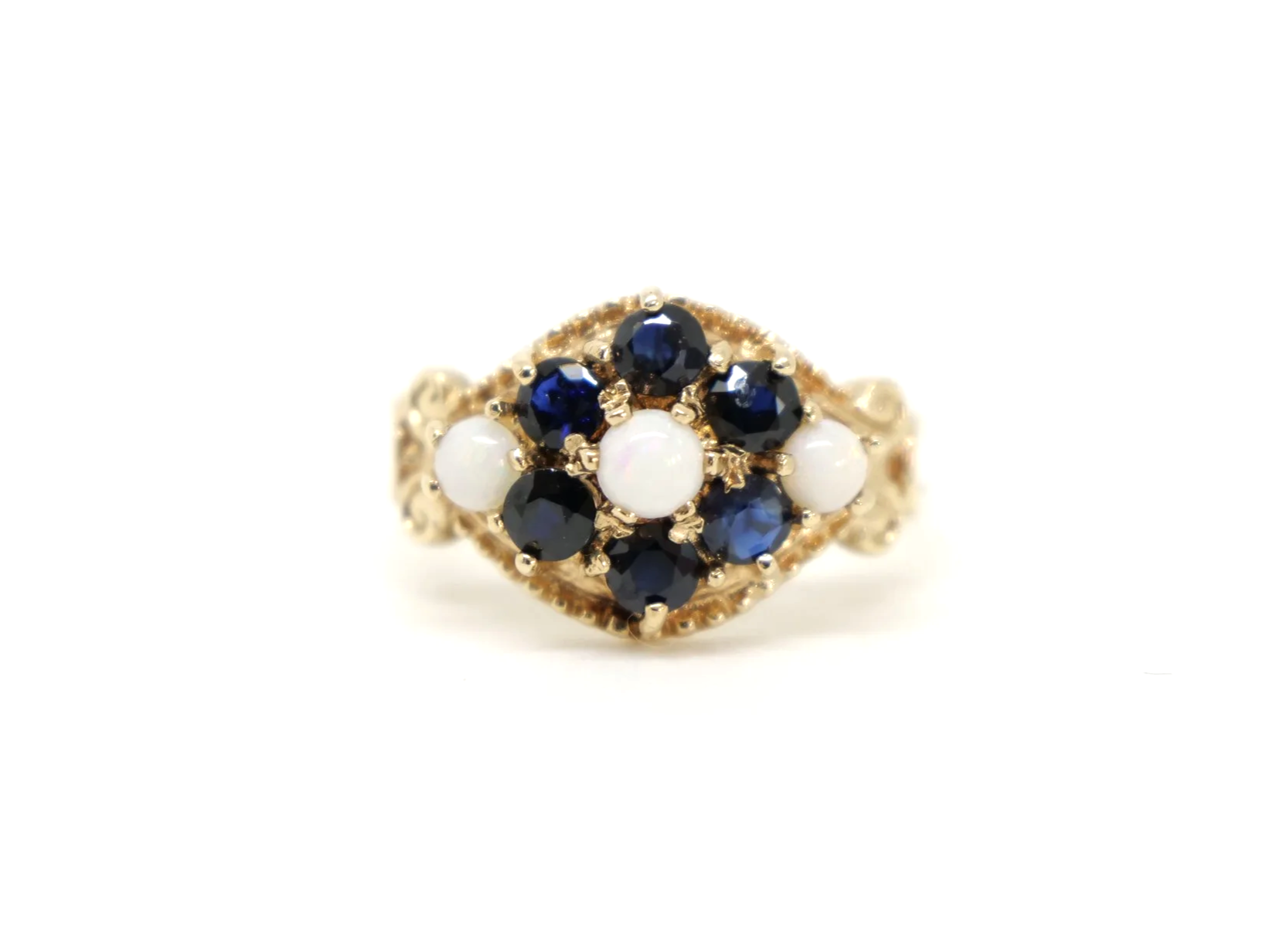 vintage opal and sapphire cluster ring in 9ct yellow gold