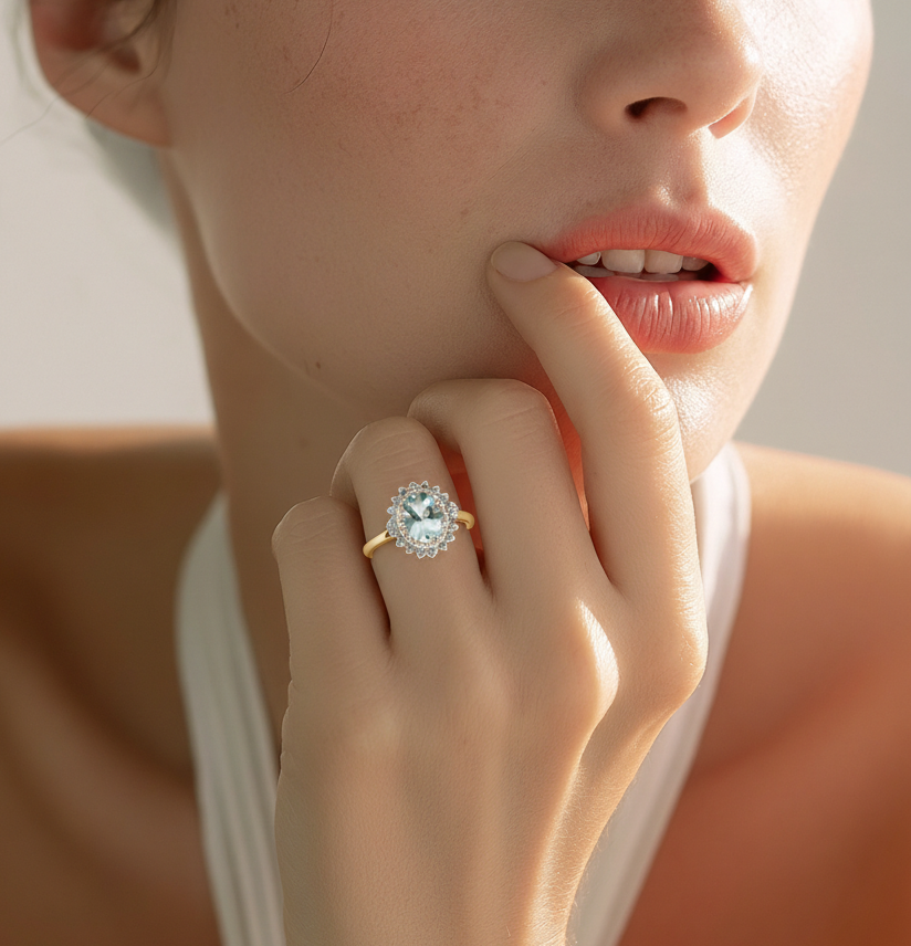 Very pretty vintage 9ct gold aquamarine and diamond cluster ring, set with a central oval cut aquamarine, surrounded by diamonds.