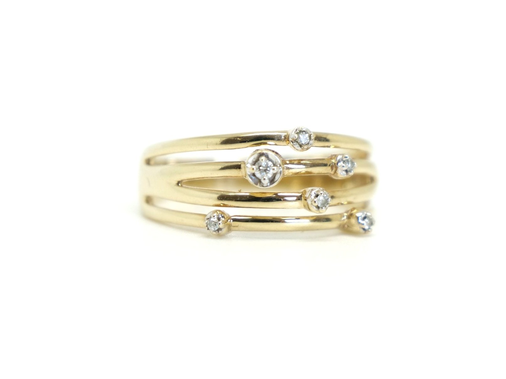 Contemporary designer style 9ct gold bubble style ring, with a four band design and set with six diamonds.