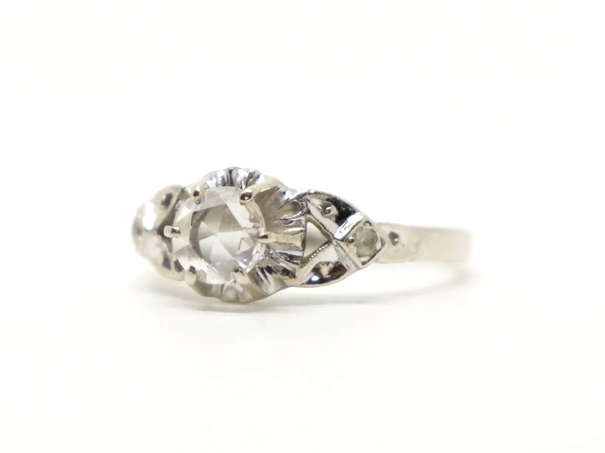 Antique style rose cut diamond solitaire ring in 18ct gold, single rose cut diamond in an openwork setting