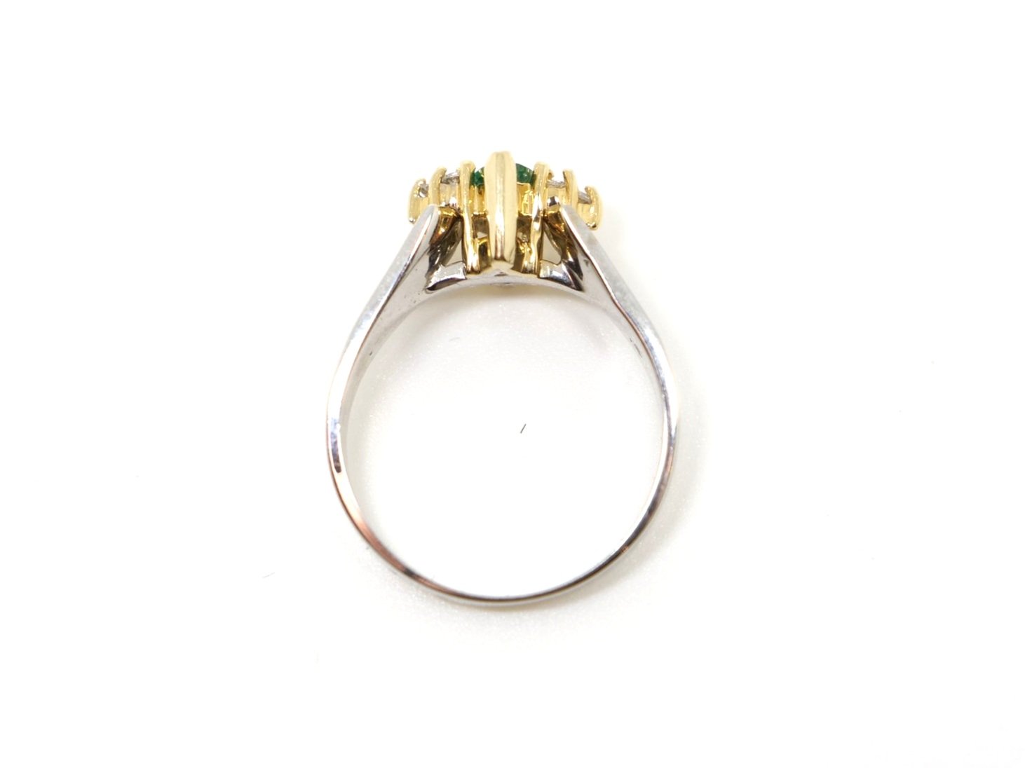 Lovely vintage 14ct gold emerald and diamond ring, set with a central marquise cut emerald with small diamonds to each shoulder.