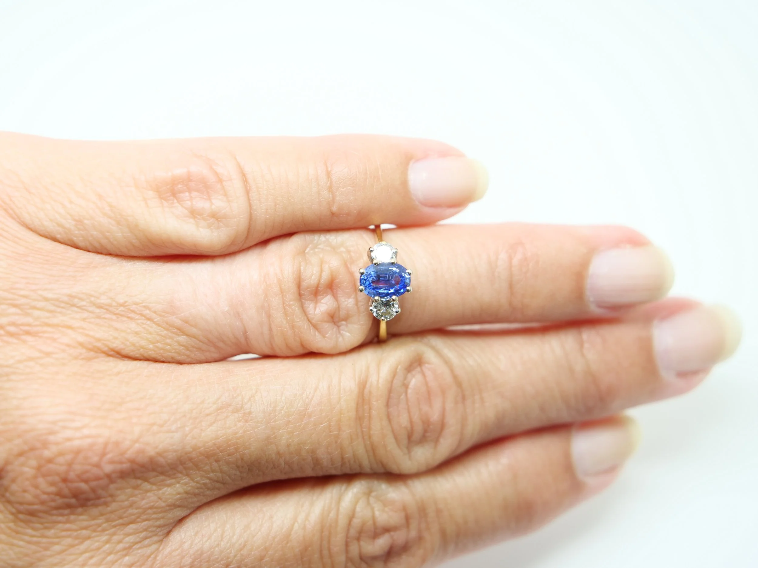 vintage 18ct gold sapphire and diamond three-stone ring