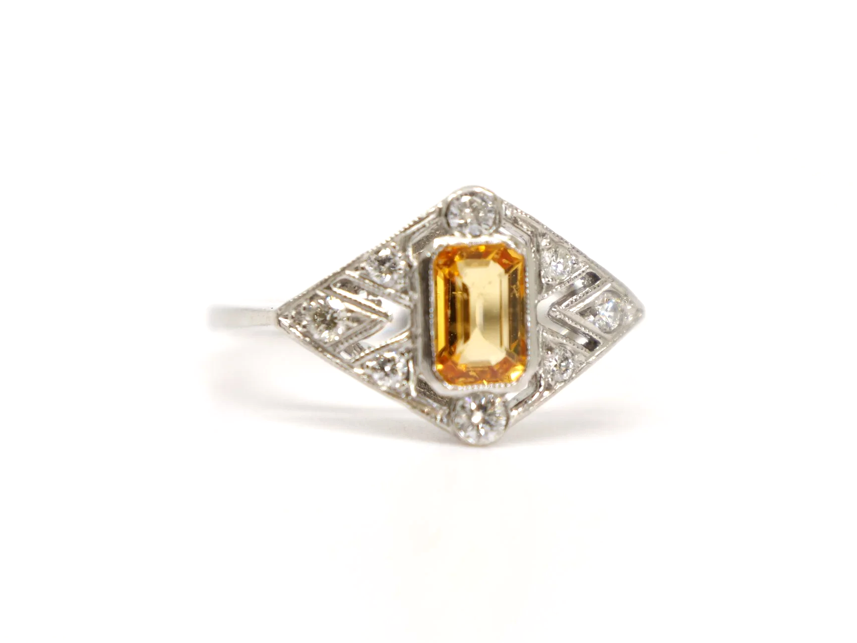 Platinum Yellow Sapphire and diamond art deco design ring