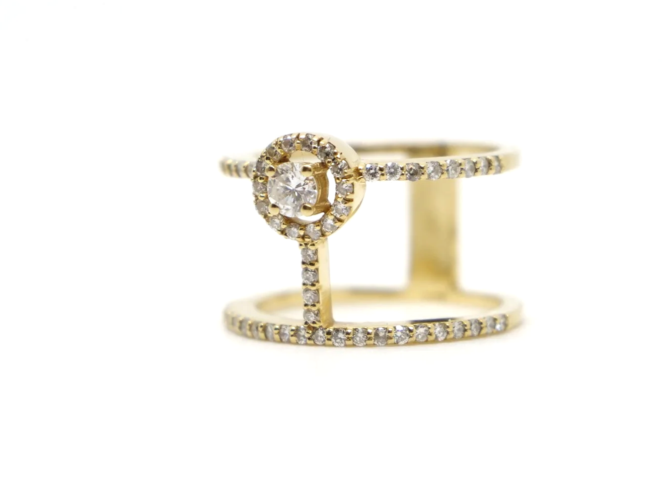Contemporary 18ct gold T bar design double band diamond ring, set with a central brilliant cut halo diamond and with two diamond bands.